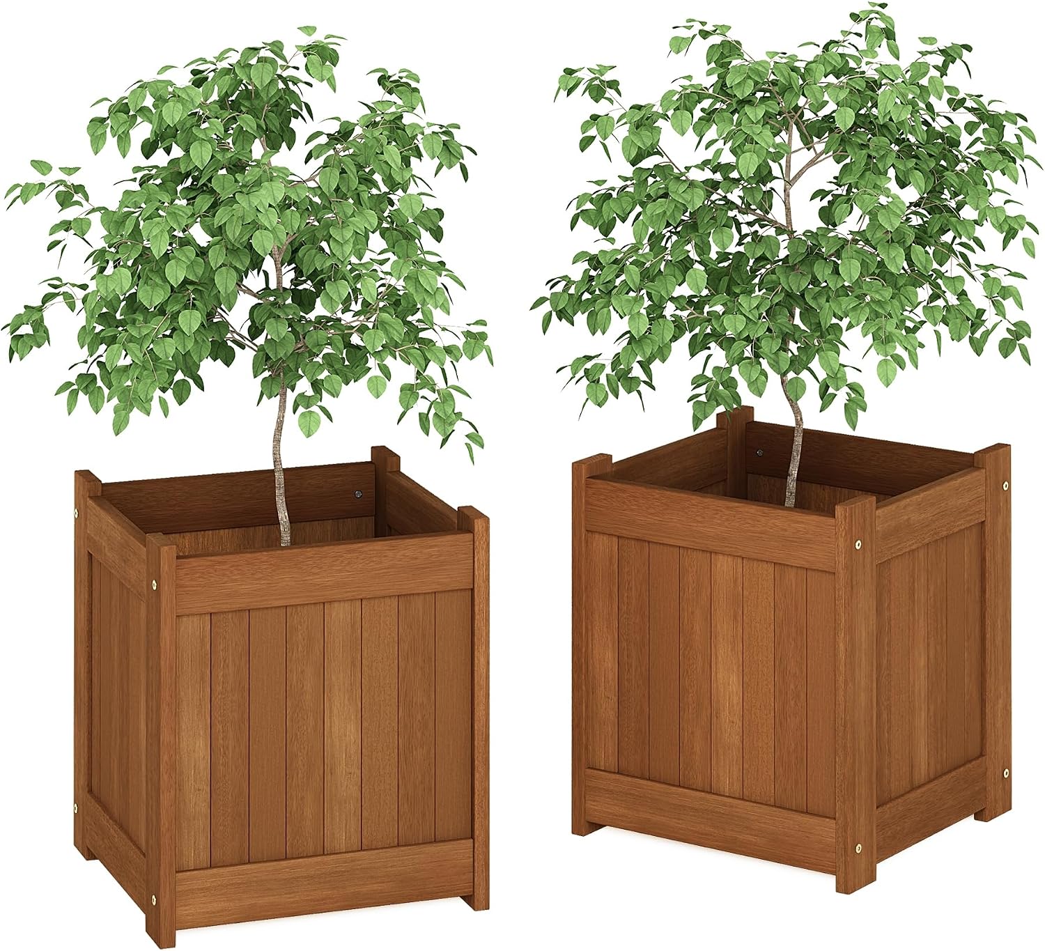 Furinno TIOMAN Planter Box Set of 2, Hardwood Flower Box, Cube Garden Box, in Teak Oil, Outdoor Indoor, Garden, Patio, Balcony, Light Wood
