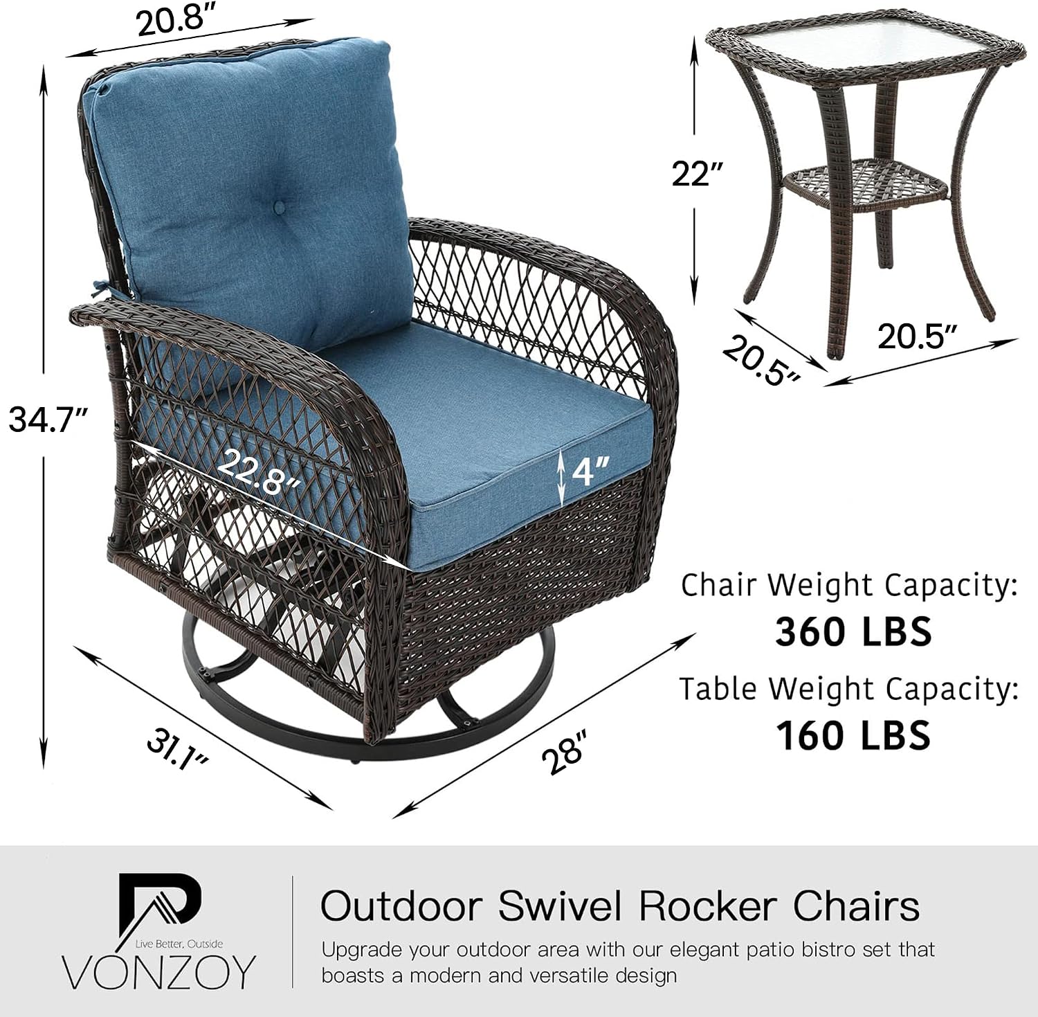 3 Pieces Patio Furniture Set, Outdoor Swivel Glider Rocker, Wicker Patio Bistro Set with Rocking Chair, Thickened Cushions and Table for Porch (Blue)