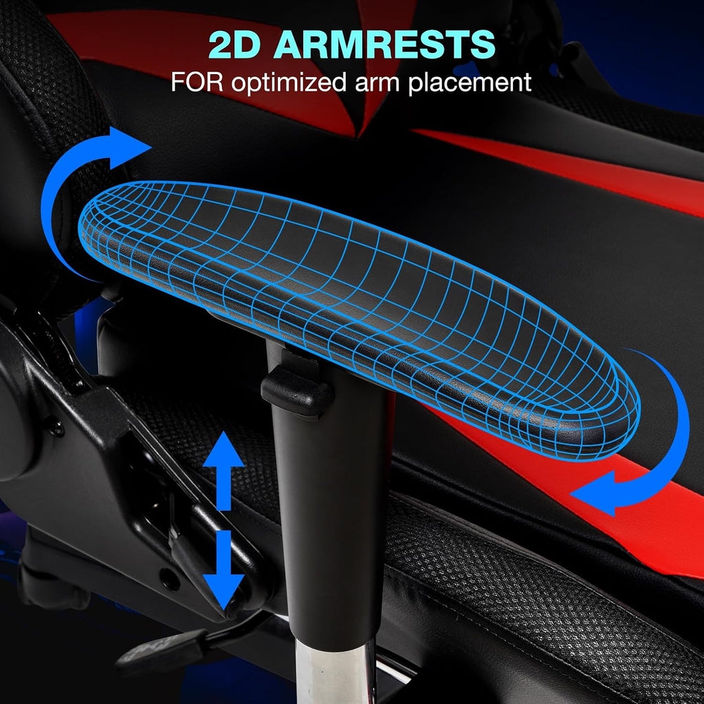 HOFFREE Gaming Chair with Bluetooth Speakers and Led Lights Massage Video Game Chair with Footrest Reclining High Back Computer Gamer Chair Red and Black