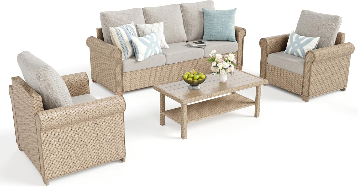 SUNSHINE VALLEY Patio Furniture Set 4 pcs, Wicker Rattan Sofa with 5.5' Thick Waterproof Cushions, 2 Chairs and Coffee Table, All Weather Outdoor Conversation Set for Backyard Deck, 5 Seats Beige