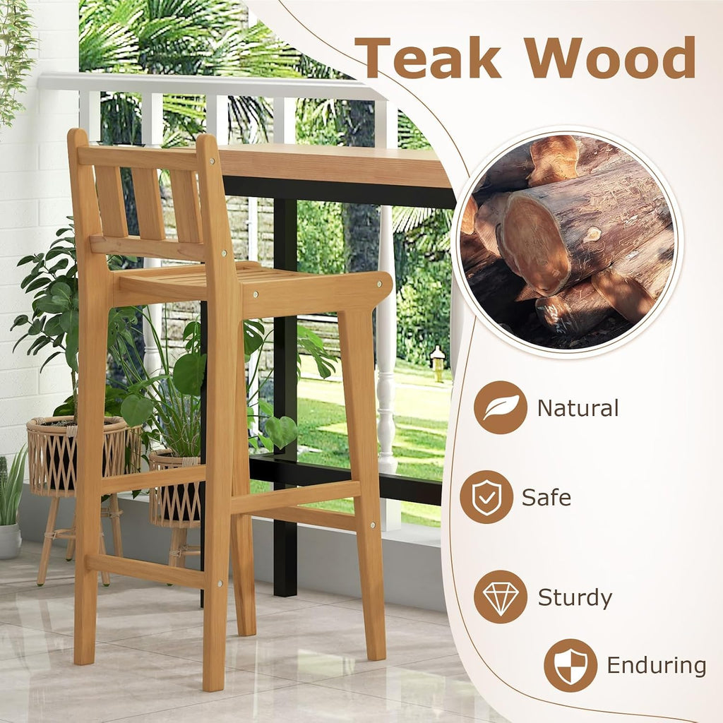 Tangkula Teak Wood Bar Stool, 30' Bar Chair with Footrest & Backrest, Wooden Bar Height Chair, Patio Furniture for Deck, Poolside & Garden, Natural (1)