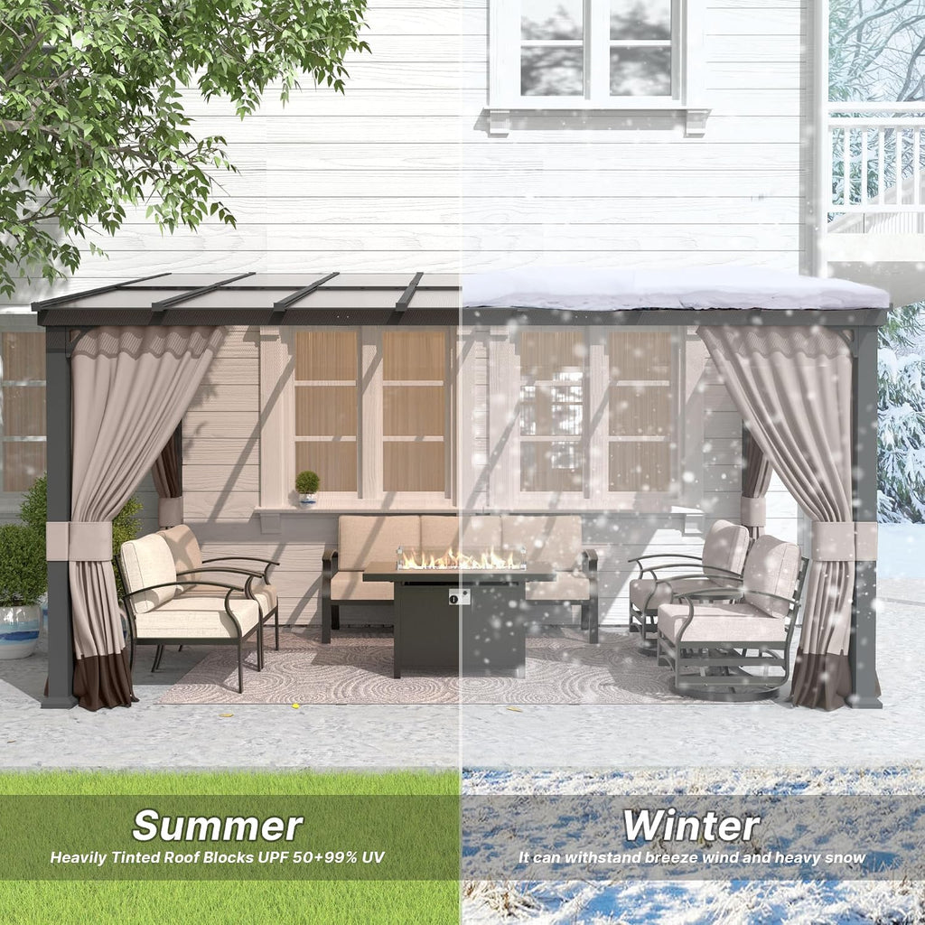 Gotland 10 FT x 14 FT Lean to Gazebo, 3 in 1 Outdoor Gazebo with Sloped Roof, Wall Mounted Gazebo with Ground Anchor Sturdy Structure, Galvanized Steel Metal Pergola for Backyard Deck Khaki