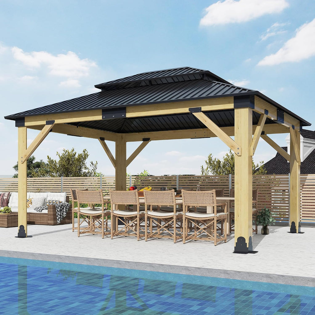 13'x15' Outdoor Wooden Gazebo - Patio Galvanized Steel Gazebos with Double Vented Roof, Heavy-Duty Wood Gazebo for Garden, Lawn, Poolside, Backyard Deck