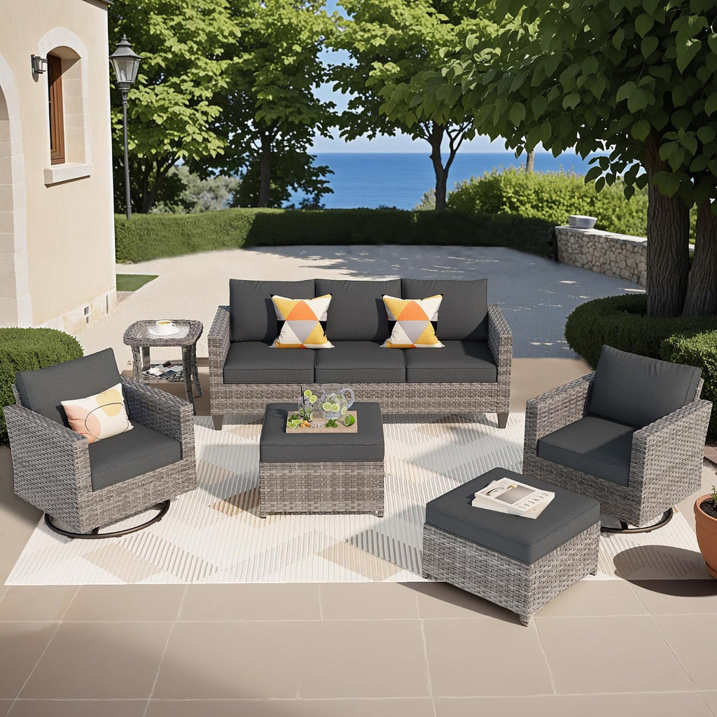 ovios 6-Pieces Patio Furniture Set, Outdoor Wicker Sofa Couch with Swivel Glider Chairs Comfy Cushions, Modern Conversation Set for Backyard Porch, Black