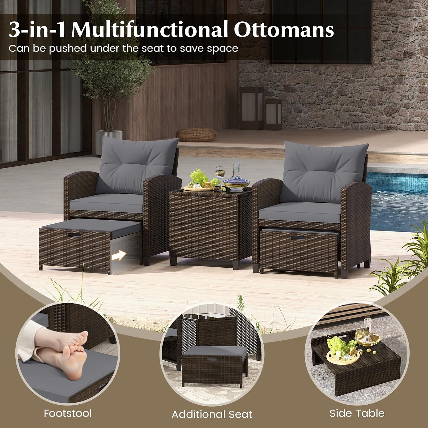 KOTEK 5 Pieces Patio Furniture Set with Ottomans, Wicker Patio Conversation Set with Coffee Table & Cushions, PE Rattan Outdoor Lounge Chairs for Backyard, Porch, Poolside (Mix Brown- Grey)