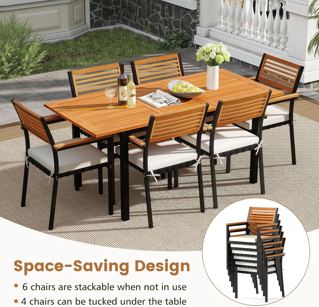 Tangkula 7 Piece Patio Dining Set, Outdoor Acacia Wood Cushioned Chairs and 51'-64' Expandable Rectangular Table Set, with Umbrella Hole, 6 Stackable Armchairs, for Poolside Garden (Off White)