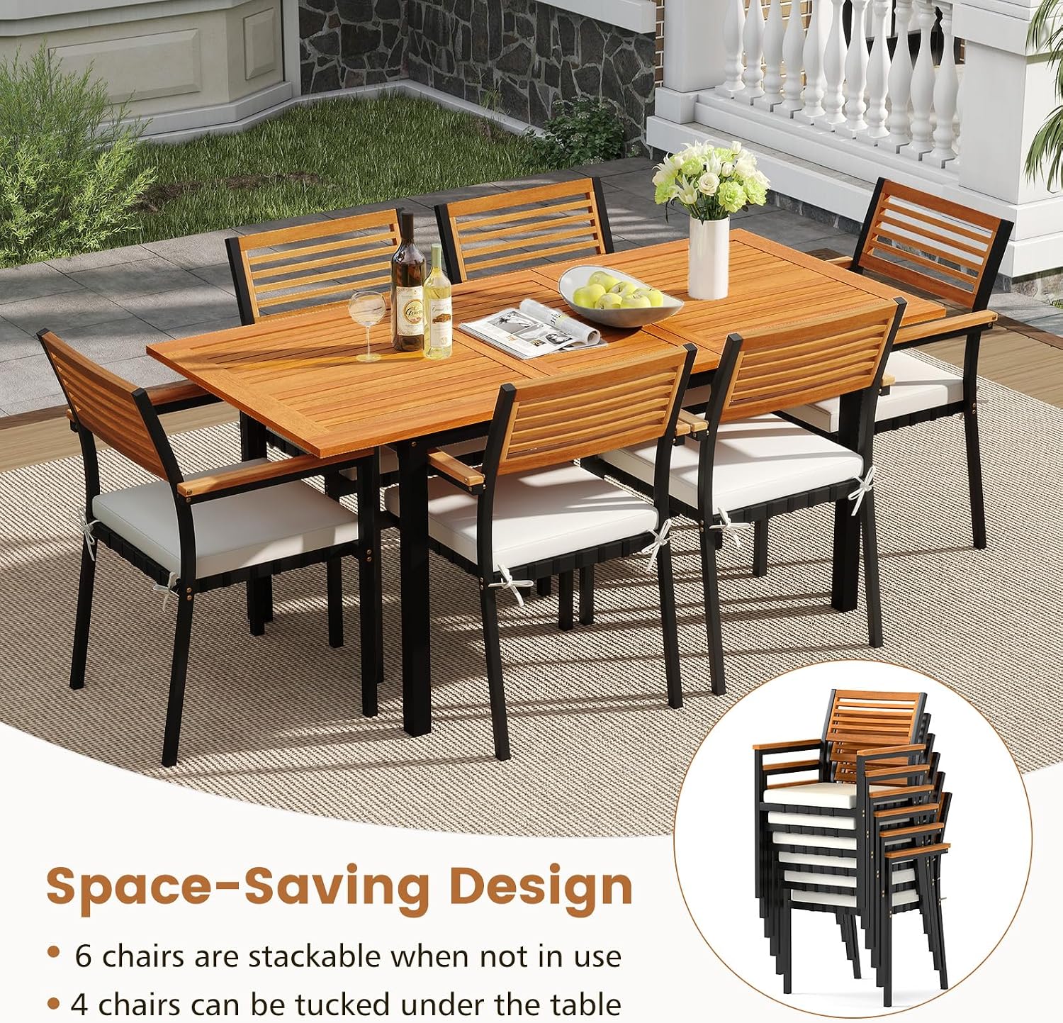 Tangkula 7 Piece Patio Dining Set, Outdoor Acacia Wood Cushioned Chairs and 51'-64' Expandable Rectangular Table Set, with Umbrella Hole, 6 Stackable Armchairs, for Poolside Garden (Off White)