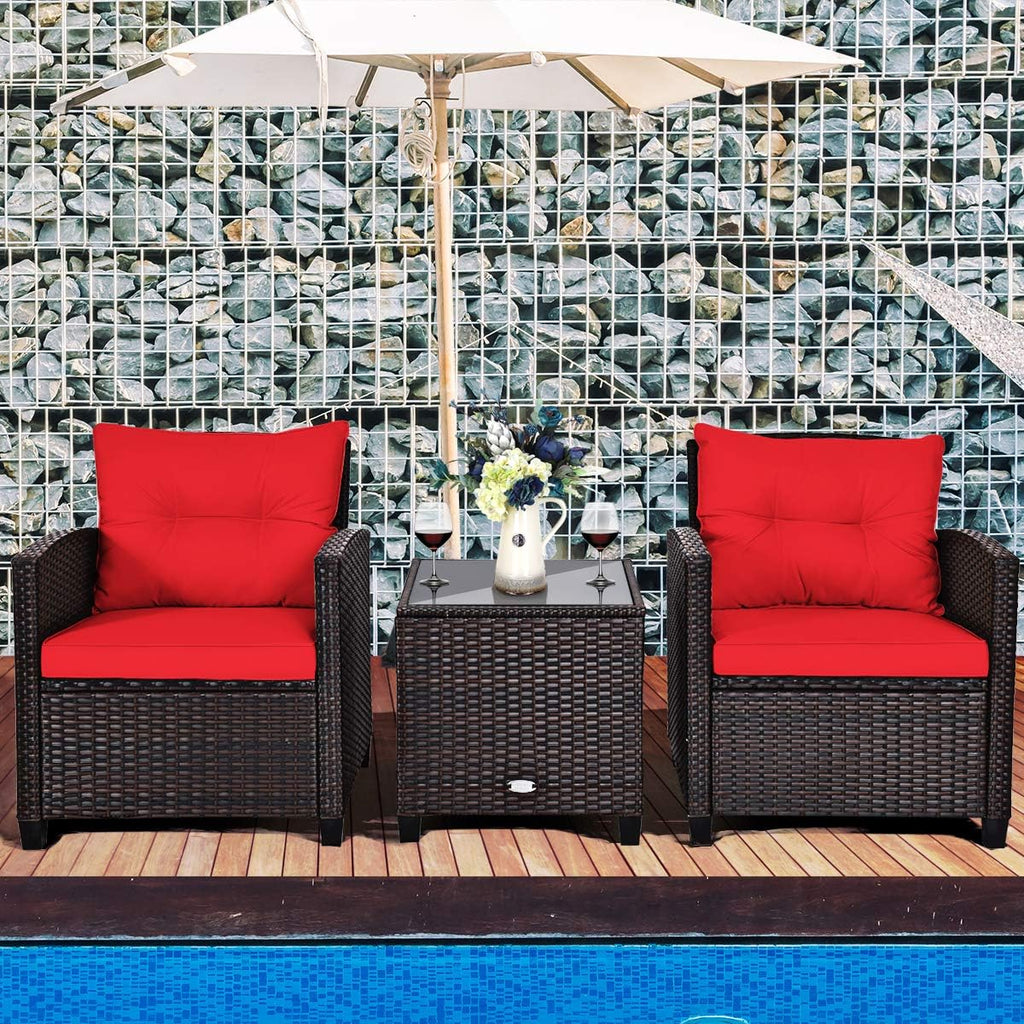 RELAX4LIFE 3 Piece Patio Furniture Set, Wicker Bistro Conversation Set w/ 2 Cushioned Armchairs & Glass Topped Table, Outdoor Rattan Sofa Set Patio Furniture for Porch Balcony Poolside (Red)