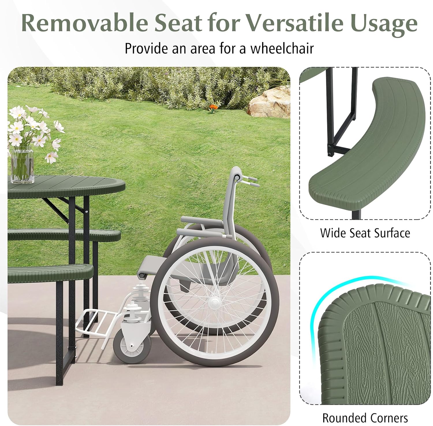Giantex Picnic Table Bench Set for 4-8 Person, Round 37' Outdoor Dining Table w/Umbrella Hole, HDPE Tabletop, Metal Frame, Patio Furniture Set for Backyard Porch Lawn, 1400lb Capacity (Green,Round)
