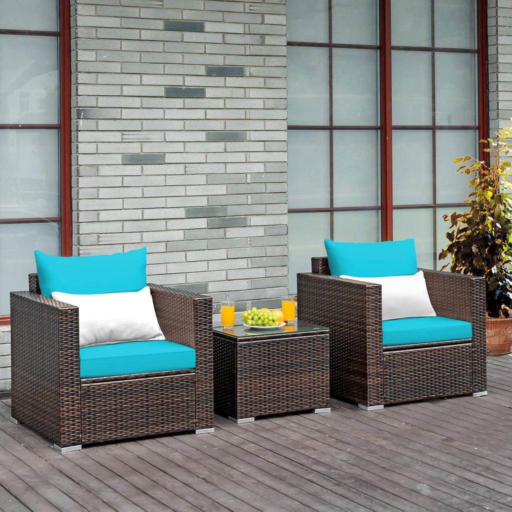 COSTWAY 3-Piece Patio Furniture Set, Outdoor Wicker Rattan Sofa with Cushions and Coffee Table with Tempered Glass, Modern Conversation Chair Set for Poolside Backyard Balcony Lawn (Turquoise)