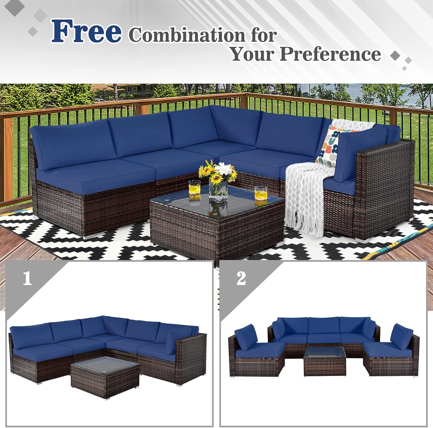 COSTWAY 6-Piece Outdoor Patio Furniture Set, Rattan Sectional Sofa Set with Tempered Glass Coffee Table and Cushions for Garden, Deck, Backyard (Navy)