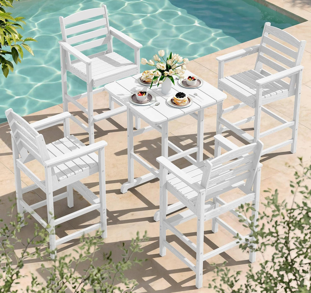 SERWALL 5 Pieces Adirondack Bar Chairs Set, HDPE Adirondack Barstools Chairs with Bar Pub Table, Outdoor Patio Bar Furniture Set for Bistro, Balcony, Poolside, Garden, White