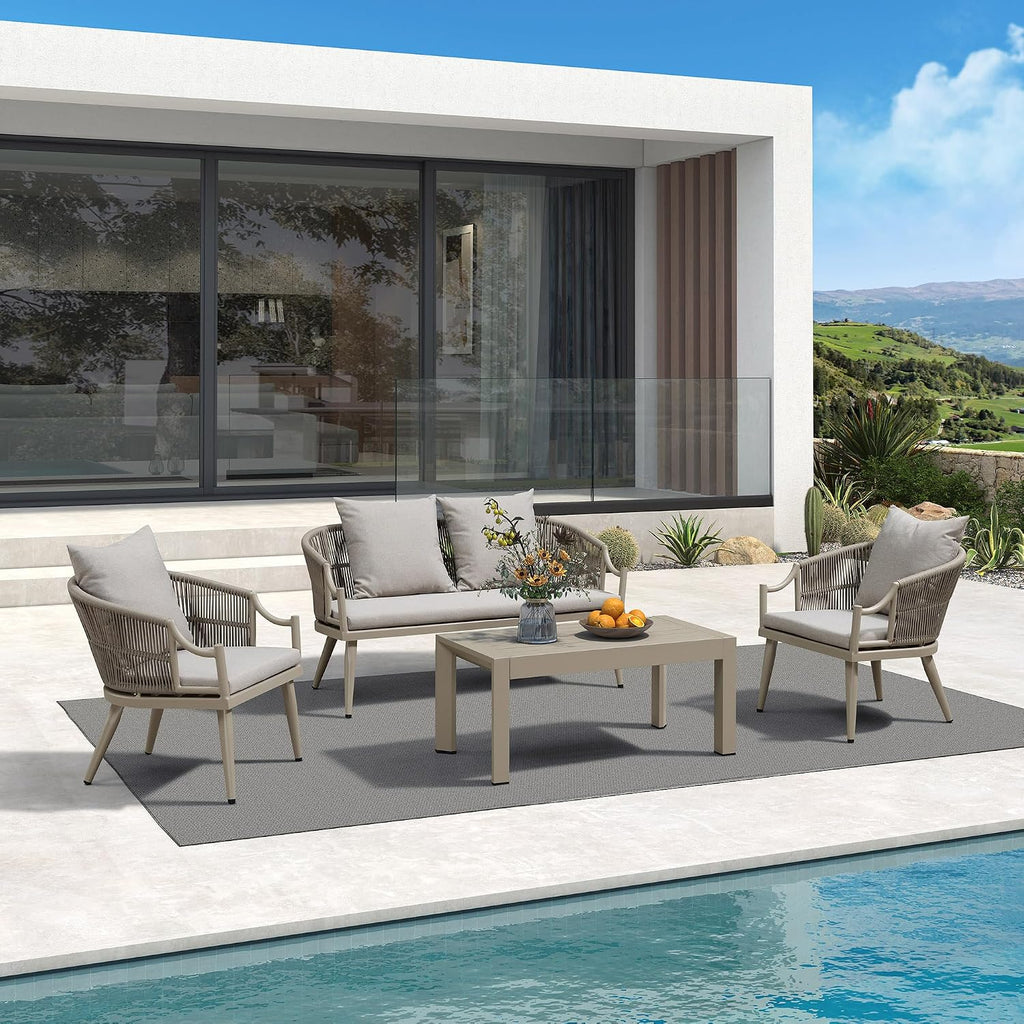 PURPLE LEAF 4-Pieces Wicker Patio Conversation Set Outdoor Rattan Sofa Patio Furniture Set with High-Density Cushion and Aluminum Coffee Table for Backyard Porch Poolside, Champagne