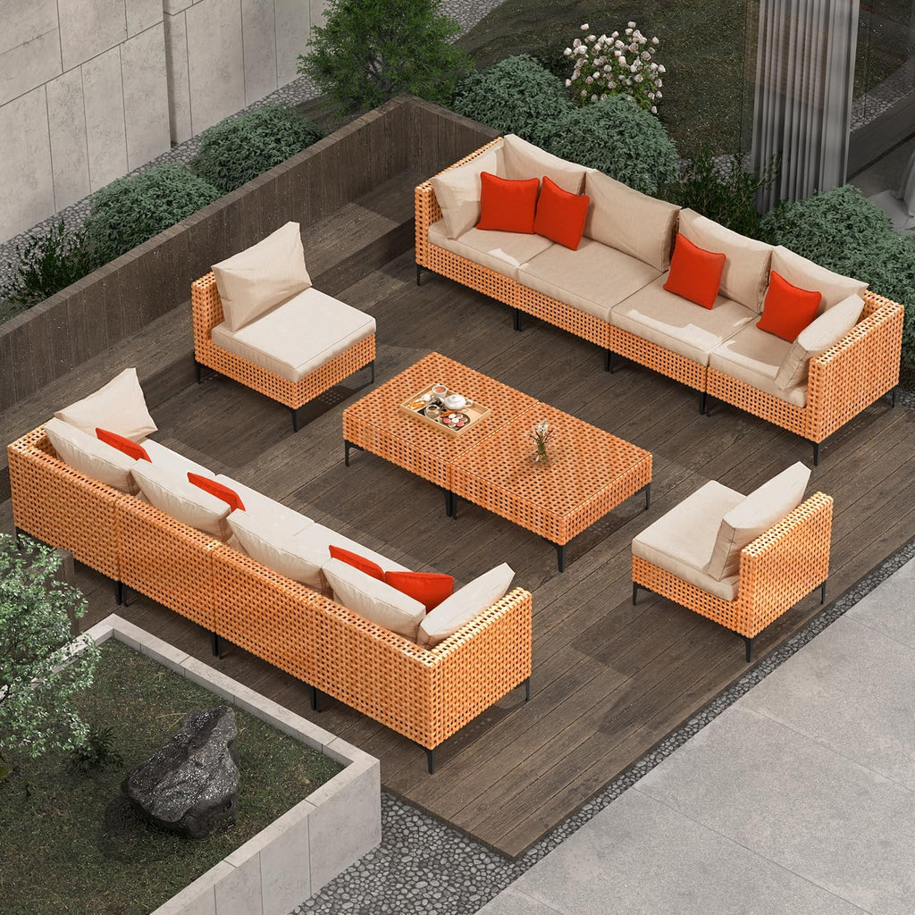12 Piece Modular Outdoor Furniture Set - Wicker Sectional Sofa With Table for Patio, Balcony, Porch, Deck, Yard (Salmon&Orange Wicker, Sand Cushion)