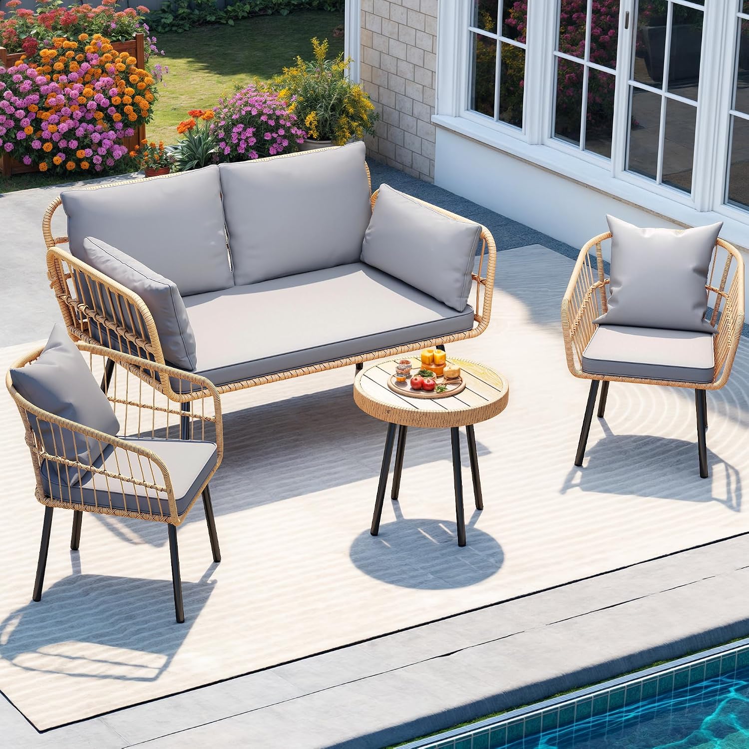 DWVO Patio Furniture Set 4 Pieces Boho Wicker Bistro Set, All Weather Outdoor Rattan Conversation Set with Loveseat Chairs Table Soft Cushions for Backyard, Pool, Garden - Grey
