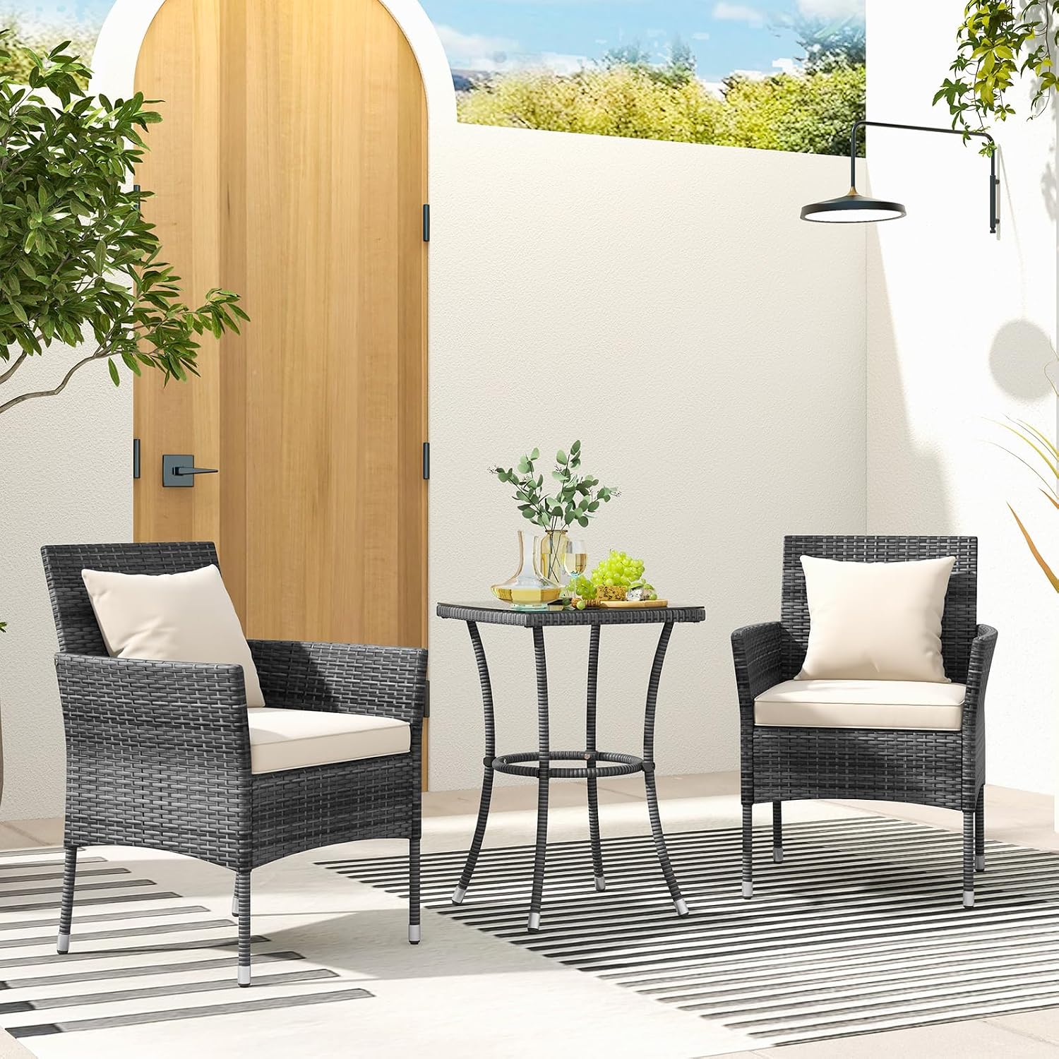 Tangkula 3-Piece Patio Furniture Set, PE Wicker Conversation Bistro Set w/A Tempered Glass Table & 2 Cushioned Chairs, Outdoor Table & Chairs Set for Patio Porch Yard Garden (Mix Gray+Off White)