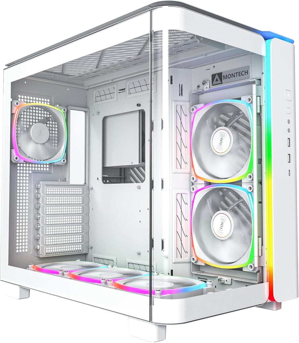 MONTECH King 95 PRO Dual-Chamber ATX Mid-Tower PC Gaming Case, High-Airflow, Toolless Panels, Sturdy Curved Tempered Glass Front, Six ARGB PWM Fan Pre-Installed with Fan Hub, King 95 PRO White US
