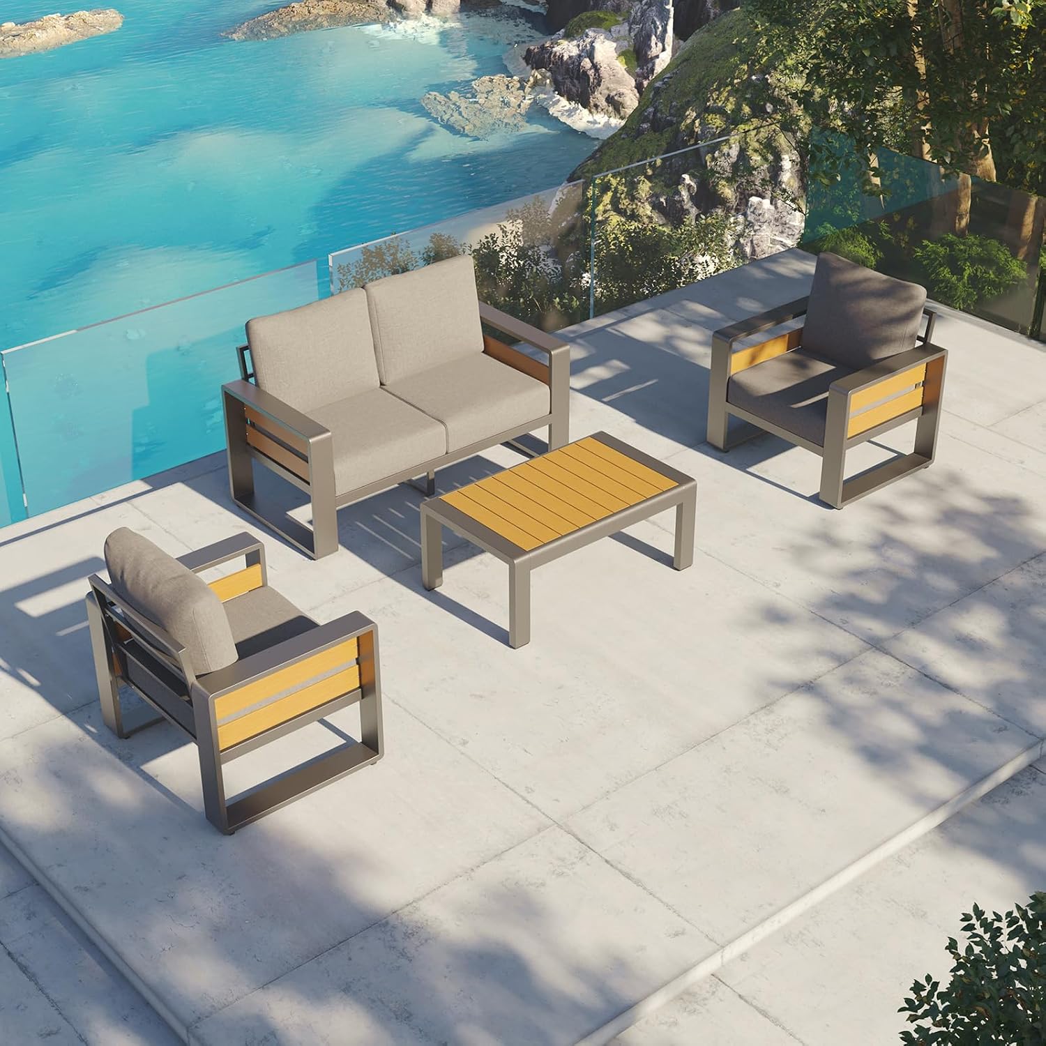 Aoxun Aluminum Patio Furniture Set, 4 Seats Sectional Metal Patio Furniture with Coffee Table, Thick Cushions and Waterproof Cover, Modern Outside Sectional Set for Backyard/Garden/Poolside, Dark Grey