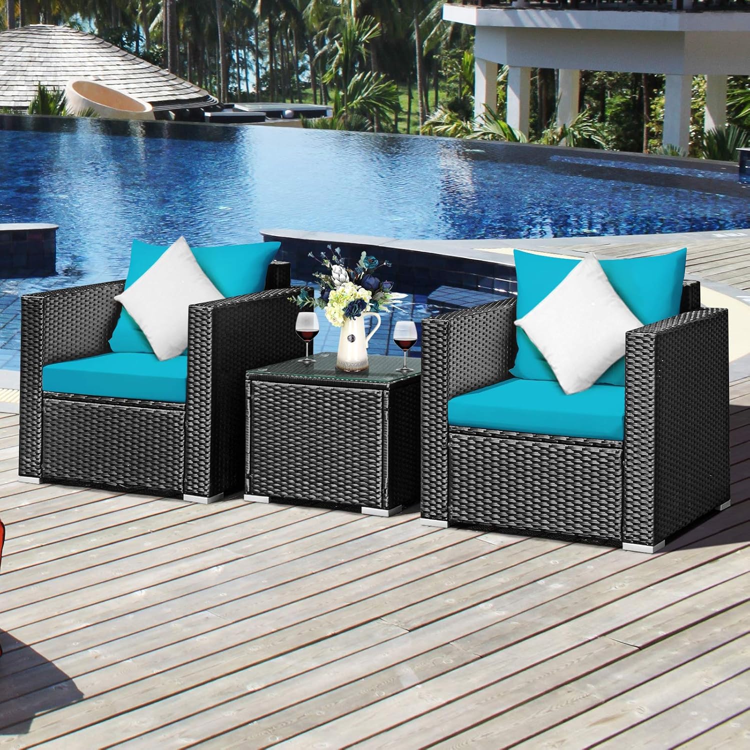 COSTWAY 3-Piece Outdoor Patio Furniture Set, Cushioned Armchairs and Tempered Glass Coffee Table, Wicker Rattan Sofa Set for Garden, Balcony, Backyard (Turquoise)