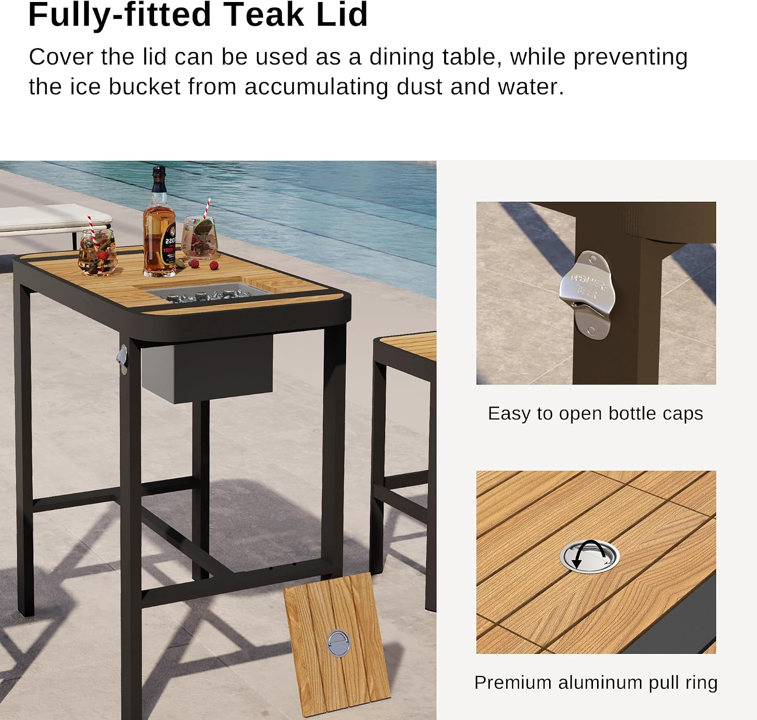EAST OAK Signature 3-Piece Outdoor Bar Set, Patio Table with Teak Wood and Aluminum, Outdoor Patio Furniture for 2, Outdoor High Top Table and Chairs Set for Backyard, Garden and Pool, Dark Grey