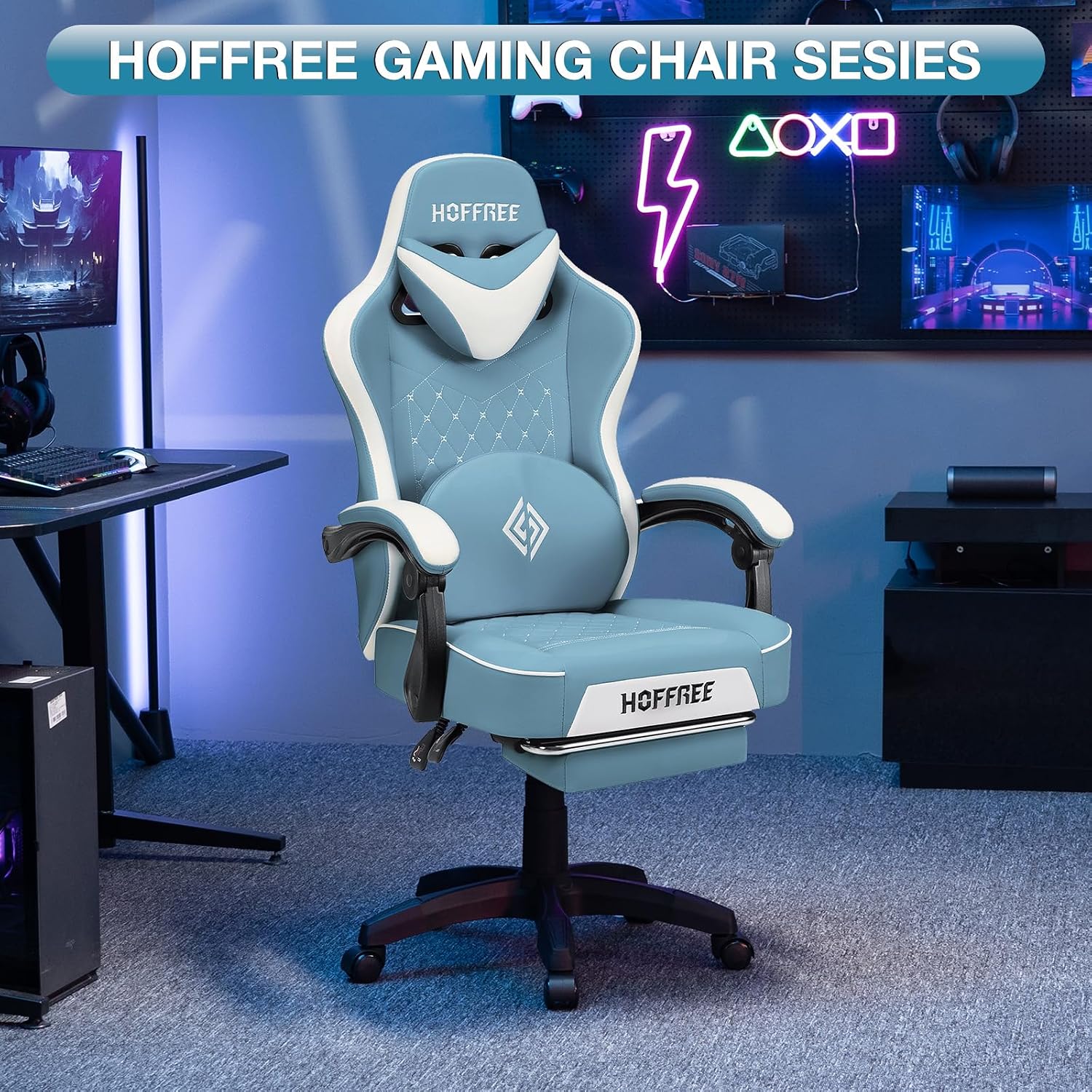 HOFFREE Gaming Chair Computer Chair with Speakers Massage Game Chairs with Footrest Bluetooth High Back Ergonomic Computer Gaming Chairs for Adults Reclining Video Gamer Chair Stone Blue and White