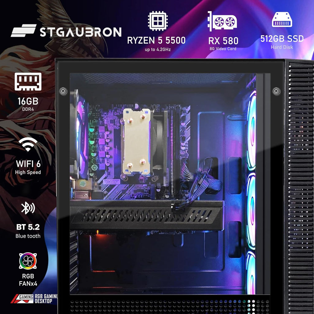 STGAubron Gaming PC Bundle with 24 inch FHD LED Monitor- AMD Ryzen 5 5500 up to 4.2GHz, Radeon RX 580 8G, 16G DDR4, 512G SSD, RGB Fan x4, Windows 11 Home