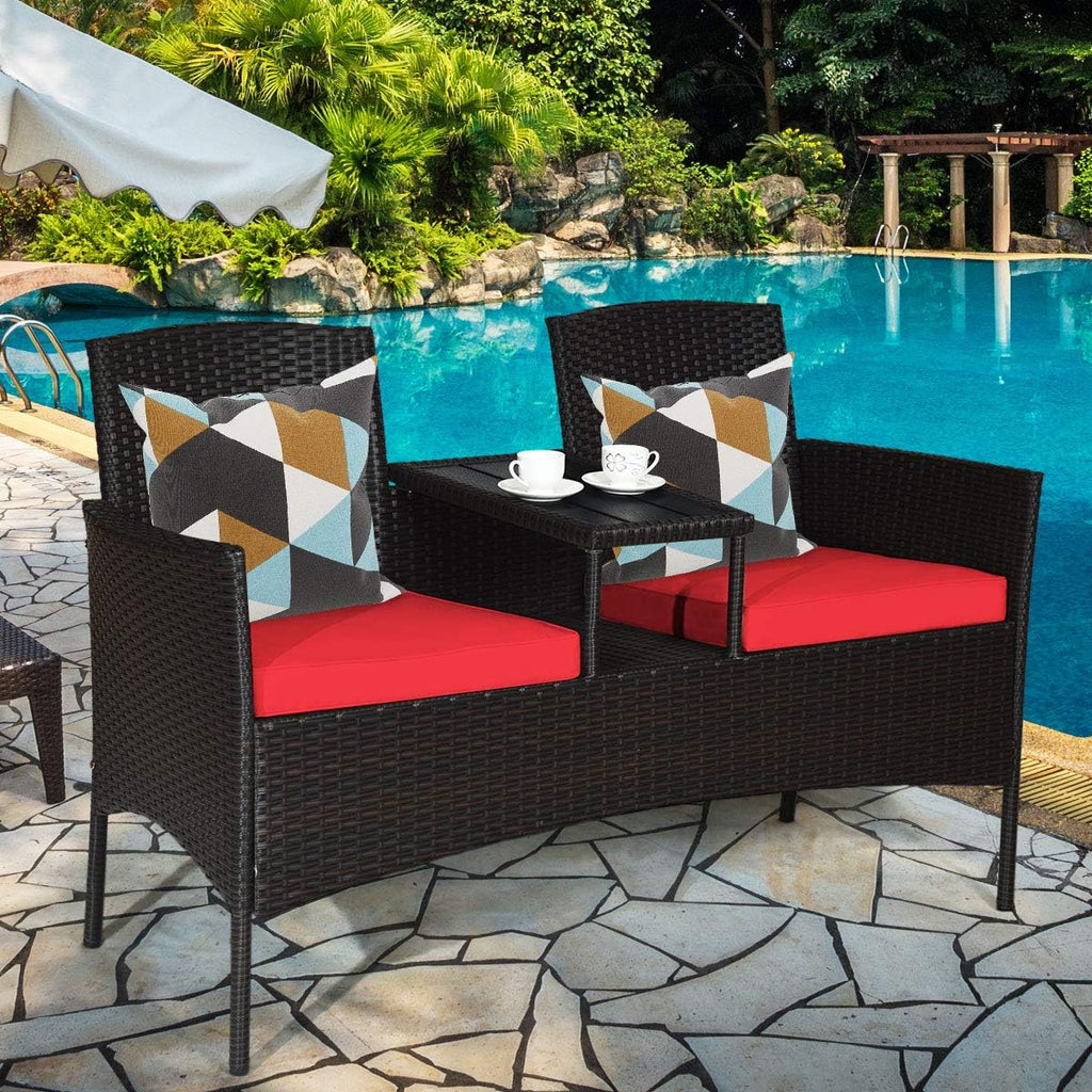 COSTWAY 2-Seat Patio Conversation Sets, Outdoor Patio Loveseat Set with Removable Cushions & Built-in Coffee Table for Backyard, Garden, Lawn, Balcony, Brown+Red