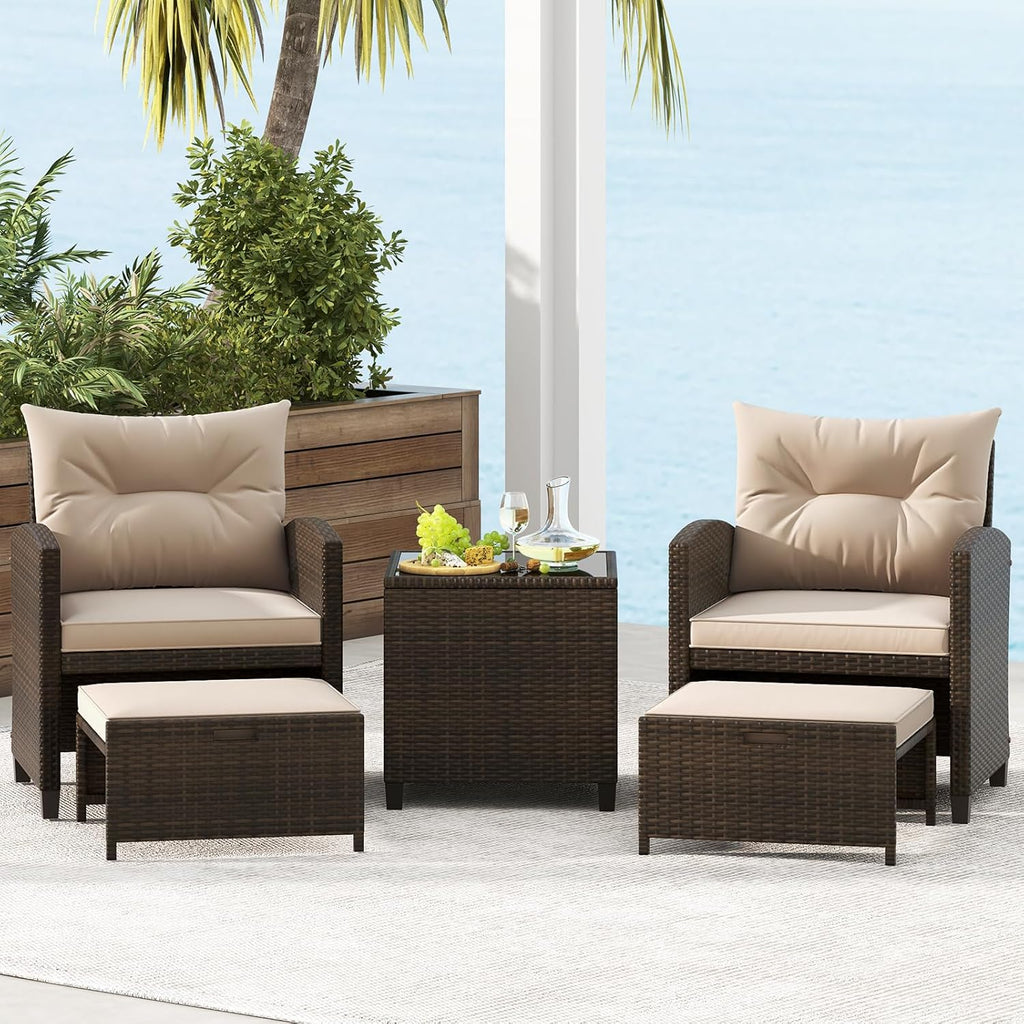 KOTEK 5 Pieces Patio Furniture Set with Ottomans, Wicker Patio Conversation Set with Coffee Table & Cushions, PE Rattan Outdoor Lounge Chairs for Backyard, Porch, Poolside (Mix Brown- Beige)