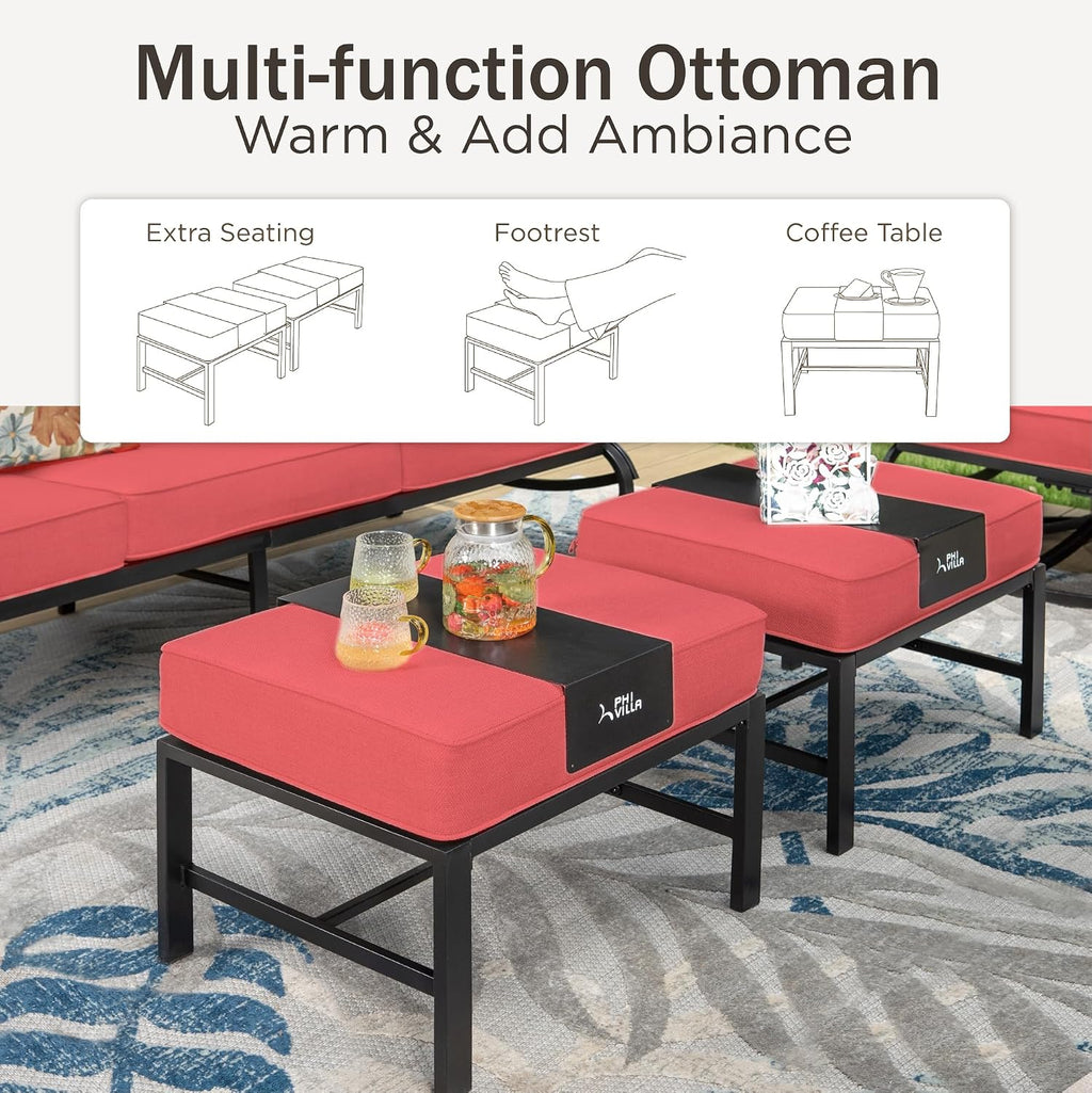 PHI VILLA 5 Piece Metal Patio Furniture Set with 5.75' Cushion, Modern Outdoor Furniture Set with 3 Seater Patio Sofa, 2 Swivel Chairs & 2 Ottoman, Deep Seat Patio Conversation Sets for Garden, Red
