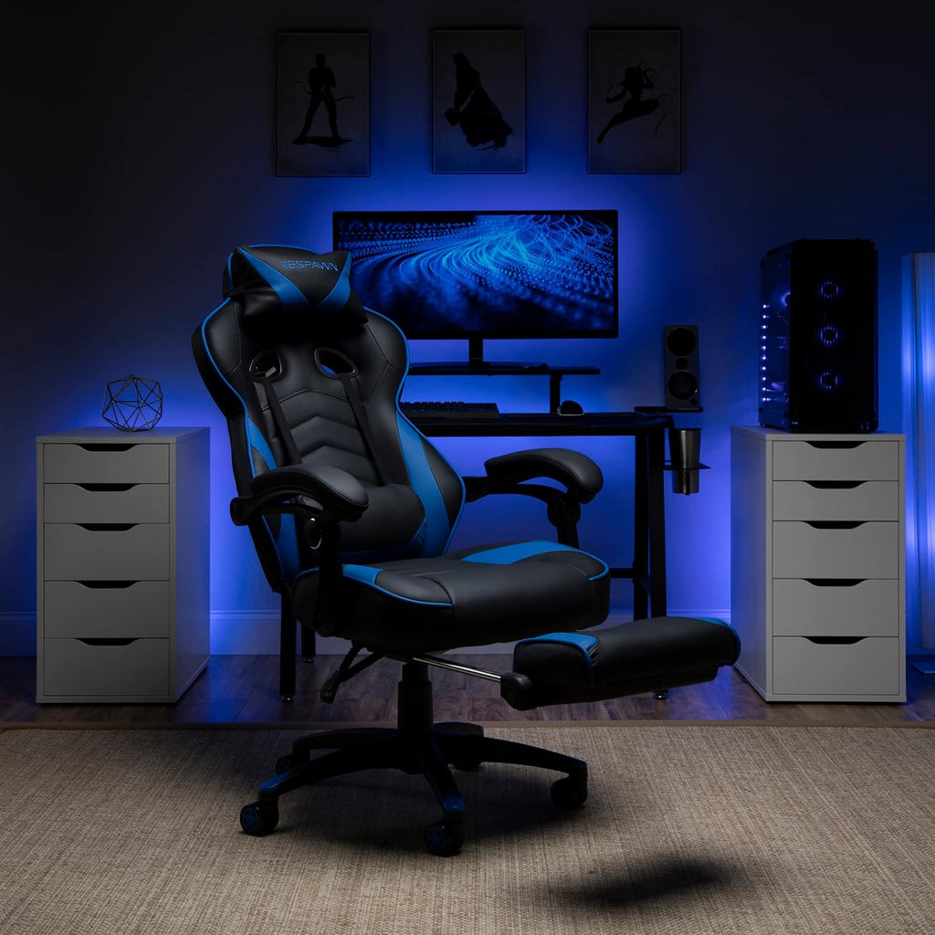 RESPAWN 110 Ergonomic Gaming Chair with Footrest Recliner - Racing Style High Back PC Computer Desk Office Chair - 360 Swivel, Adjustable Lumbar Support, Headrest Pillow, Padded Armrests - 2019 Blue