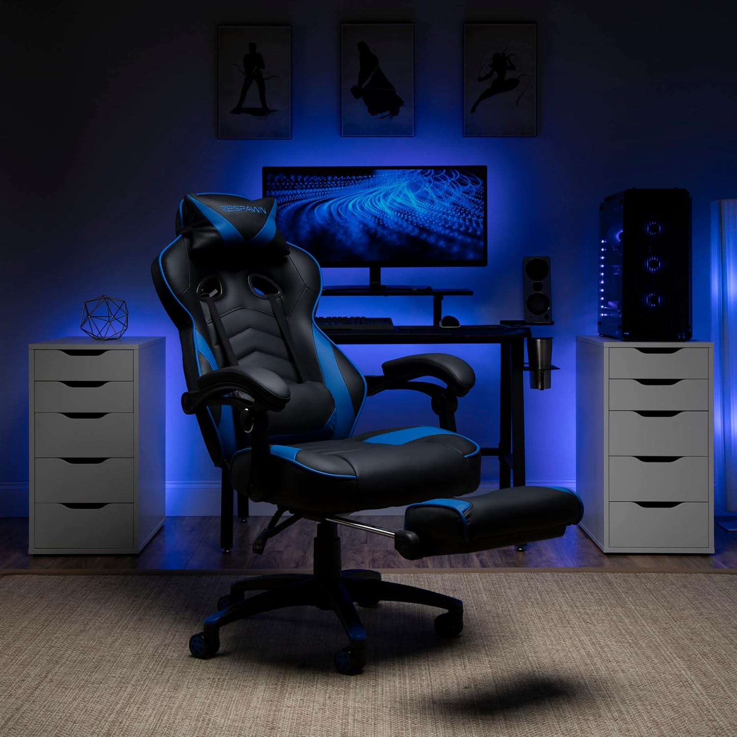 RESPAWN 110 Ergonomic Gaming Chair with Footrest Recliner - Racing Style High Back PC Computer Desk Office Chair - 360 Swivel, Adjustable Lumbar Support, Headrest Pillow, Padded Armrests - 2019 Blue