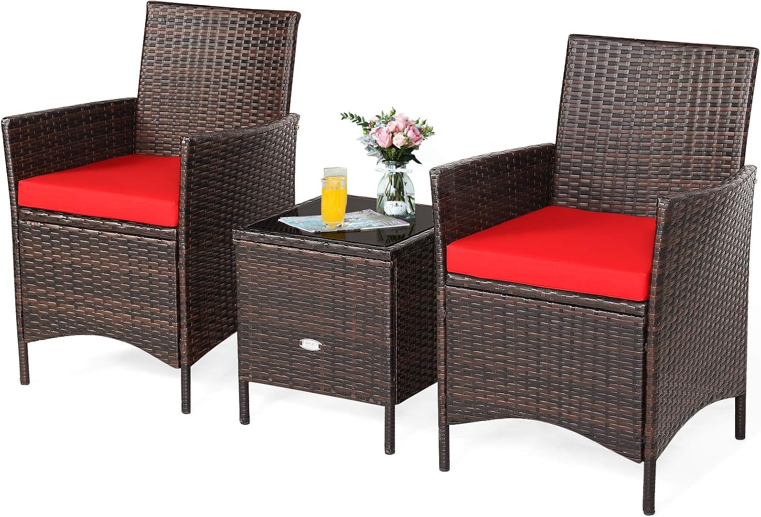 Tangkula 3-Piece Patio Conversation Set, Wicker Chairs with Glass Top Square Coffee Table & Cushions, All-Weather Outdoor Rattan Furniture Set for Garden Backyard Balcony Poolside (Red)