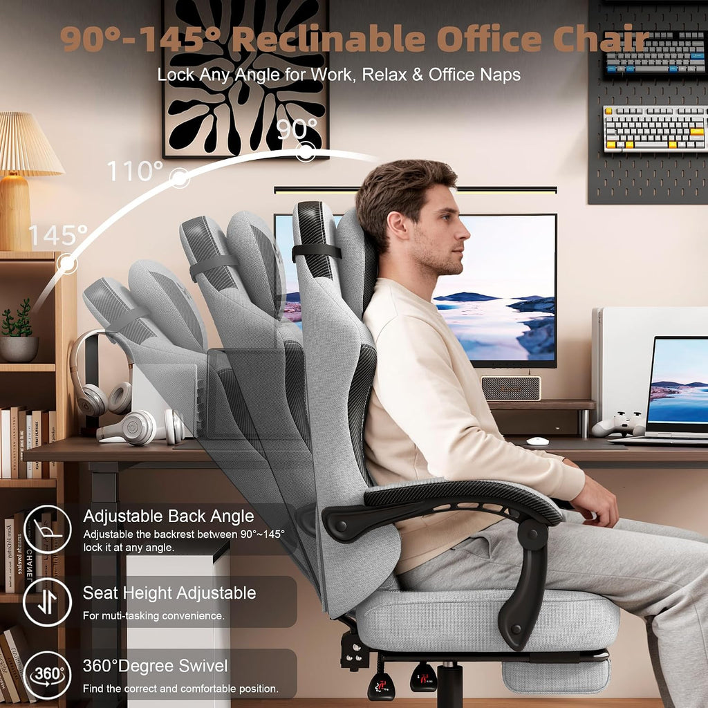 Vonesse Office Chair, Gaming Chair with Linen Breathable Mesh Fabric, Desk Chair with Adjustable Lumbar Support, Executive Computer Chairs with Footrest and Headrest (Light Gray)