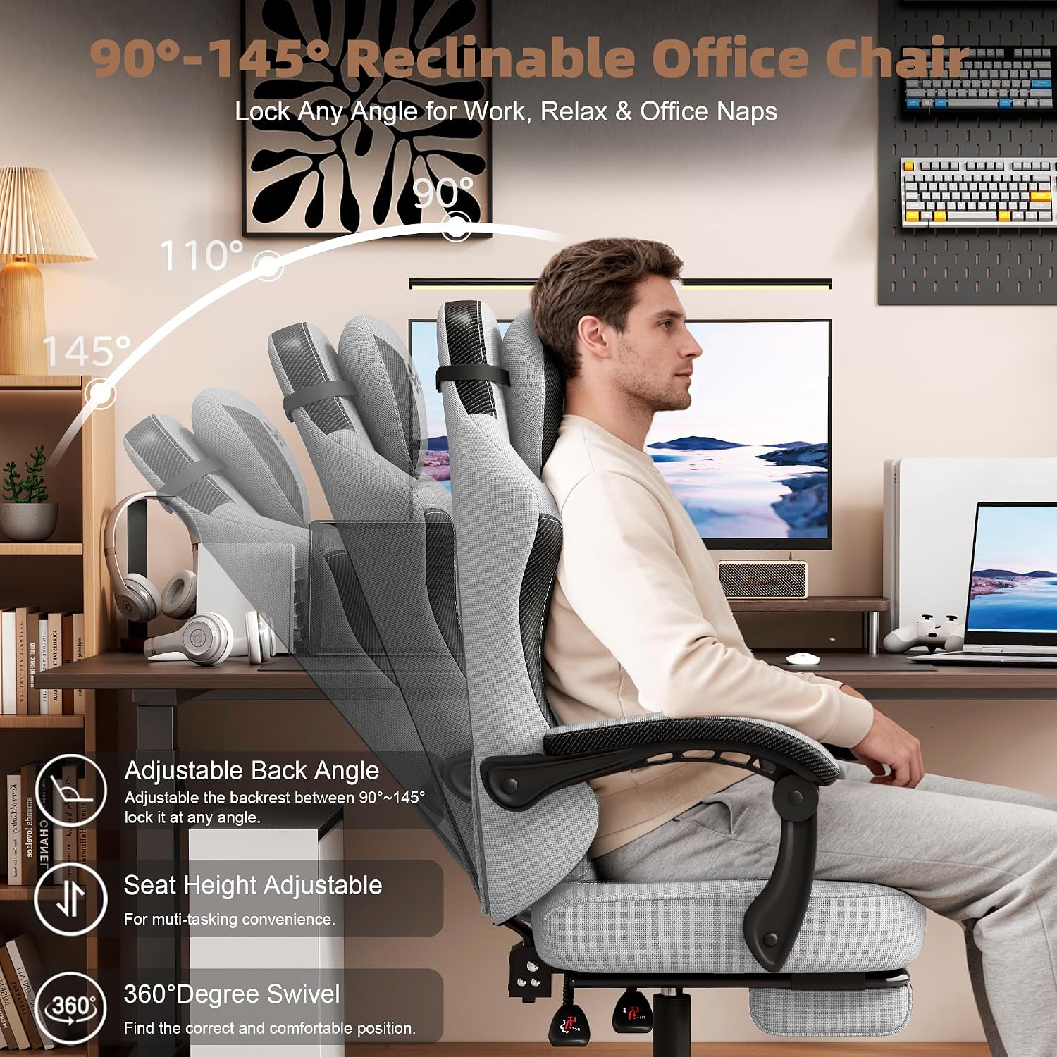 Vonesse Office Chair, Gaming Chair with Linen Breathable Mesh Fabric, Desk Chair with Adjustable Lumbar Support, Executive Computer Chairs with Footrest and Headrest (Light Gray)