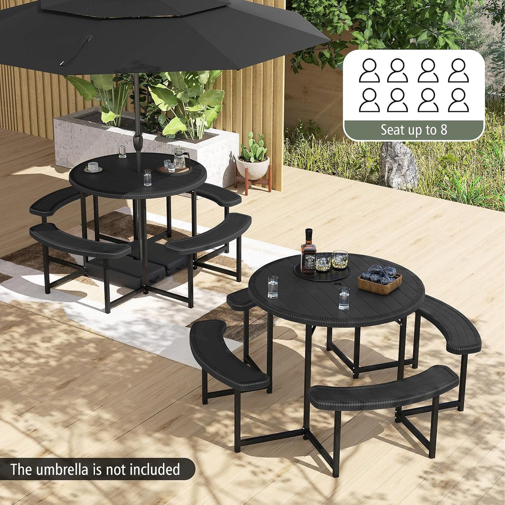 Giantex Picnic Table Bench Set for 4-8 Person, Round 37' Outdoor Dining Table w/Umbrella Hole, HDPE Tabletop, Metal Frame, Patio Furniture Set for Backyard Porch Lawn, 1400lb Capacity (Black,Round)