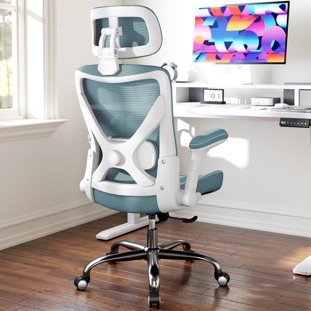 Ergalithic Office Home Ergonomic Desk Chair-Computer X-Shaped Chair Mesh PU Leather with Adjustable Lumbar Support-Executive Chair High Back with Headrest Flip-Up Arms for Long Hours (Sky Blue)