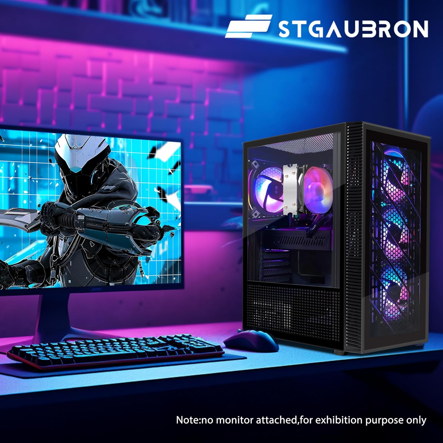 STGAubron Gaming PC Bundle with 24 inch FHD LED Monitor- AMD Ryzen 5 5500 up to 4.2GHz, Radeon RX 580 8G, 16G DDR4, 512G SSD, RGB Fan x4, Windows 11 Home