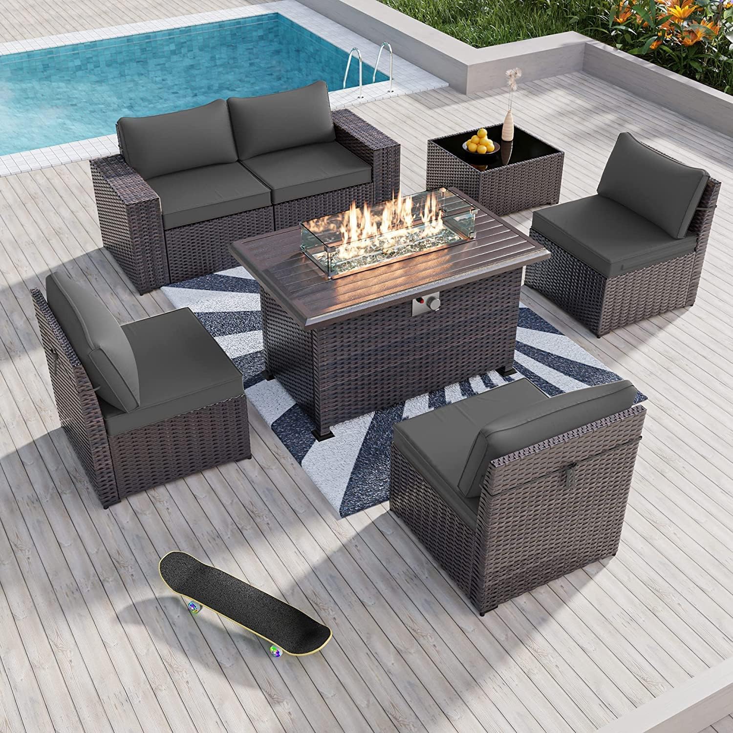 Kullavik 7 Pieces Outdoor Patio Furniture Set with 43' 55000BTU Gas Propane Fire Pit Table PE Wicker Rattan Sectional Sofa Patio Conversation Sets,Grey