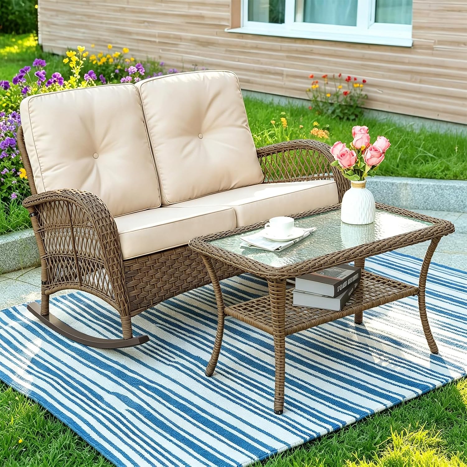 MEETWARM Outdoor Wicker Loveseat Rocking Chair, Loveseat for 2 Person Porch Furniture Rocker with Glass-Top Coffee Table, All-Weather Rattan Patio Rocking Bench with Thickened Cushions, Brown