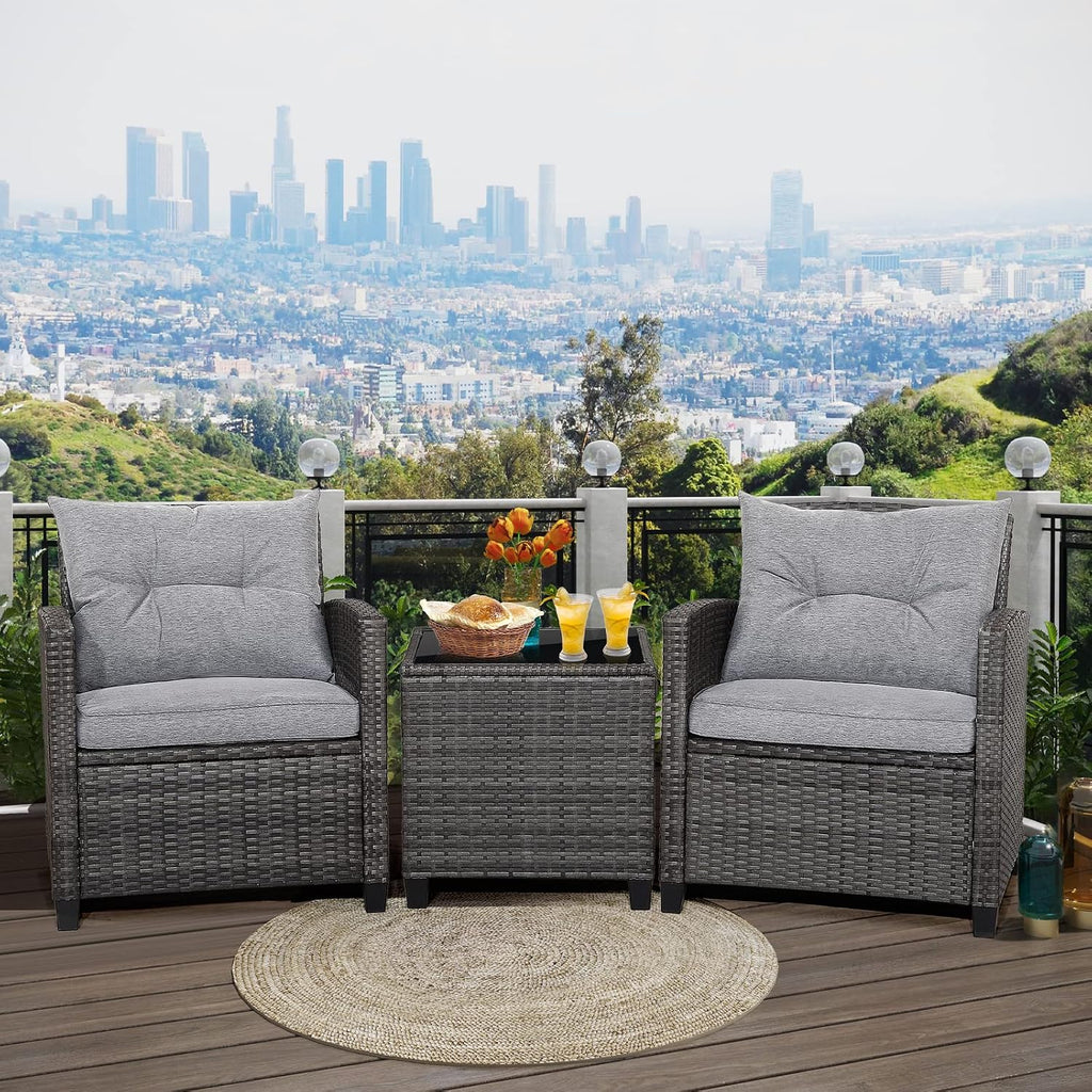 RELAX4LIFE Wicker Patio Furniture Sets - 3 Pieces Rattan Sofa Set, Outdoor Conversation Set with Tempered Glass Tabletop, Heavy-Duty Steel Frame, Wicker Chair Set for Poolside, Backyard, Grey