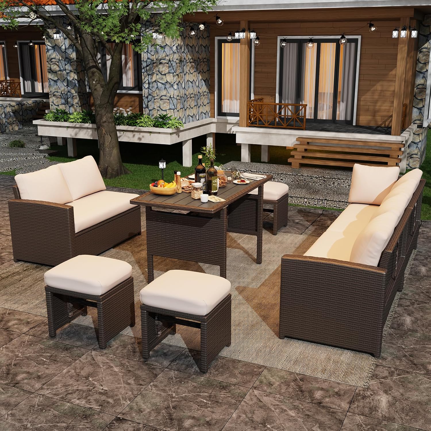 U-MAX 7 Pieces Patio Furniture Set with Waterproof Cover, Outdoor Sectional Sofa Conversation Set, All Weather Wicker Rattan Dining Table & Chair with Ottoman, Brown Rattan&Khaki Cushion