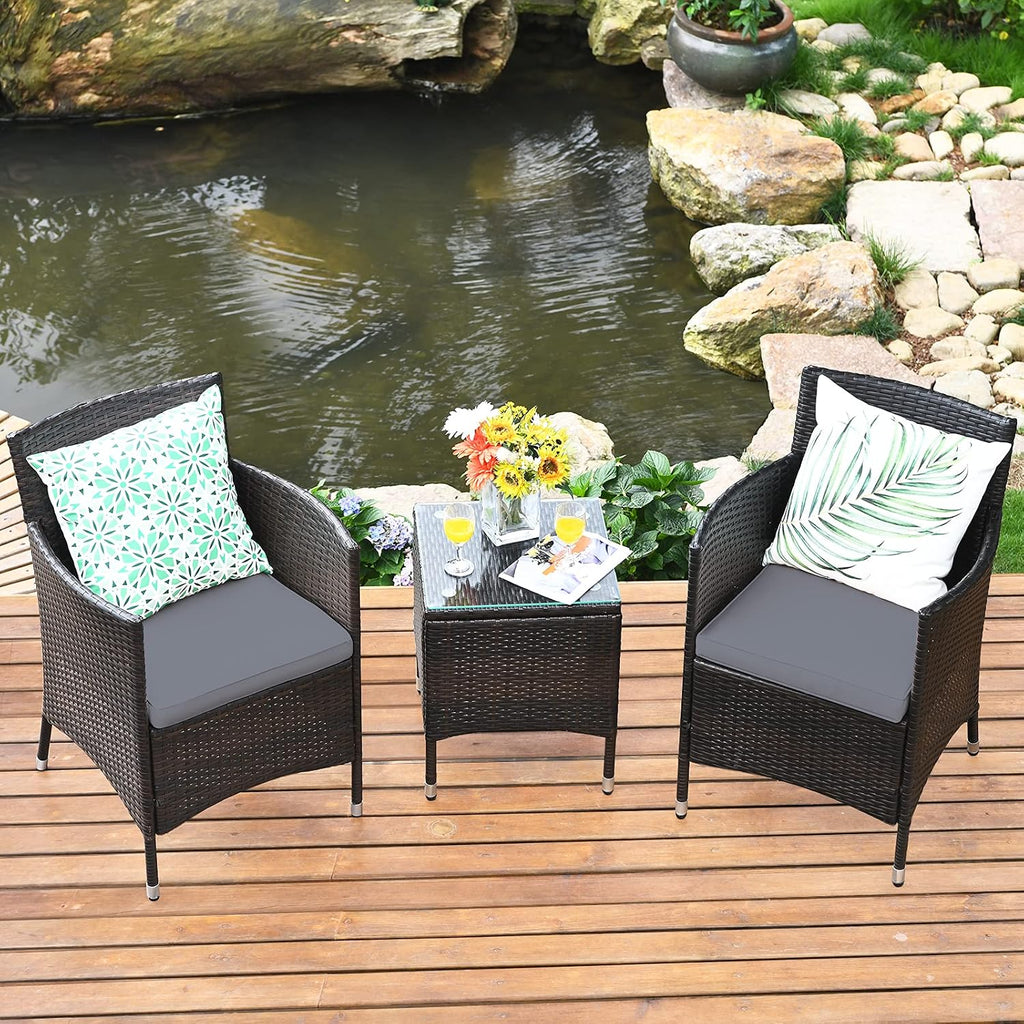 Tangkula Patio Furniture Set 3 Piece, Outdoor Wicker Rattan Conversation Set with Coffee Table, Chairs & Thick Cushions, Suitable for Patio Garden Lawn Backyard Pool (Grey)