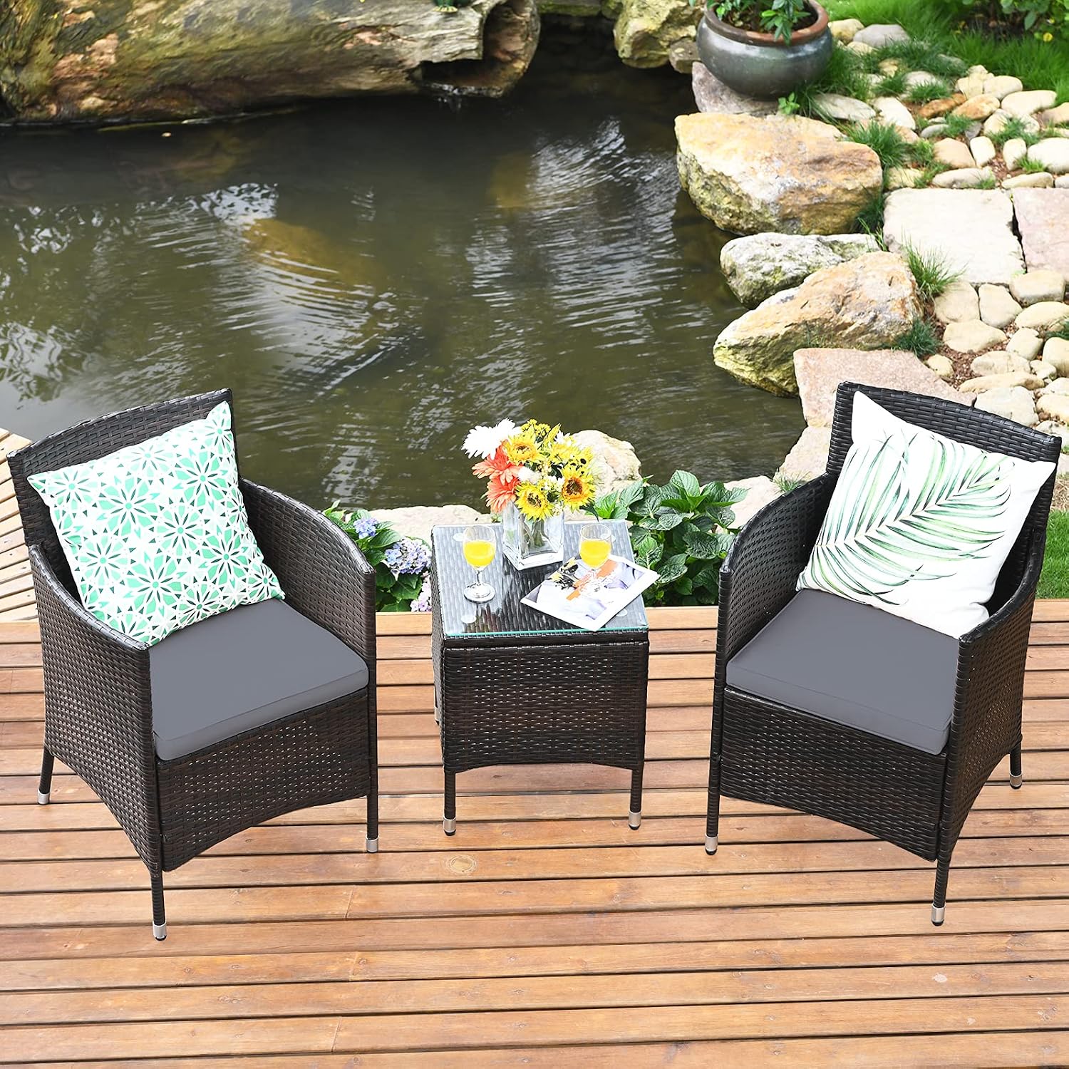 Tangkula Patio Furniture Set 3 Piece, Outdoor Wicker Rattan Conversation Set with Coffee Table, Chairs & Thick Cushions, Suitable for Patio Garden Lawn Backyard Pool (Grey)