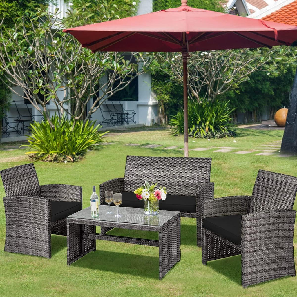 COSTWAY Patio Furniture Set 4 Pieces, Outdoor Wicker Chairs Sofa w/Coffee Table and Soft Cushions, Rattan Conversation Sets for Patio Lawn Backyard Yard Pool Garden, Black