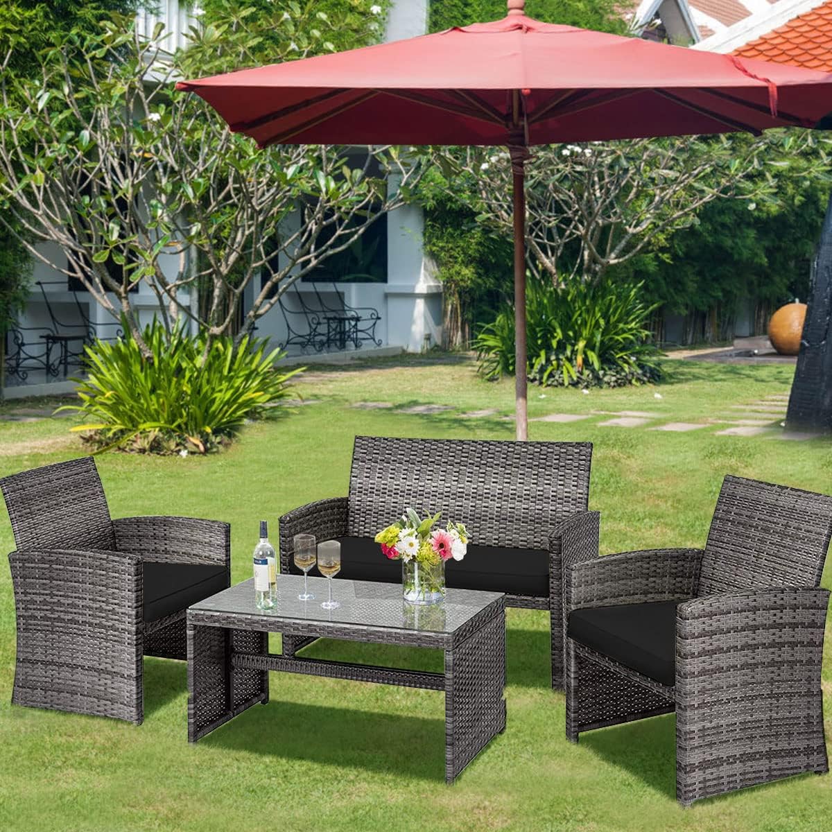 COSTWAY Patio Furniture Set 4 Pieces, Outdoor Wicker Chairs Sofa w/Coffee Table and Soft Cushions, Rattan Conversation Sets for Patio Lawn Backyard Yard Pool Garden, Black