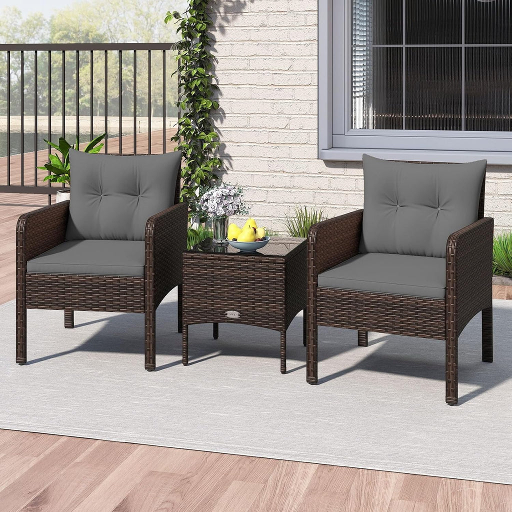 Tangkula 3 Pieces Patio PE Wicker Furniture Set, Outdoor Bistro Conversation Set with Cushions and Tempered Glass Coffee Table, Outside Rattan Table and Chairs for Porch (Gray)