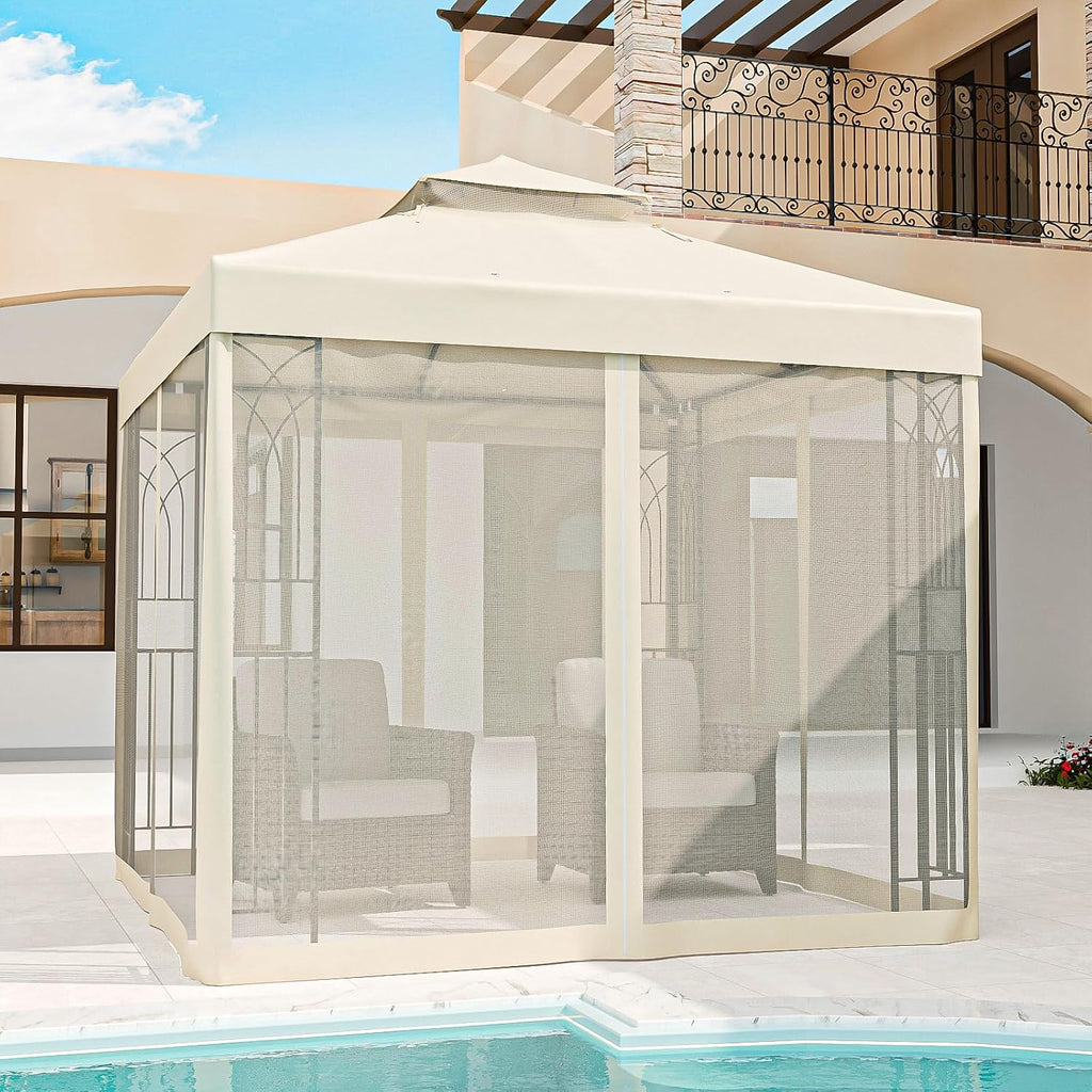 8x8 Outdoor Gazebo Tent with Netting and Corner Shelves, Double Roof Patio Gazebo with Soft Fabric Top, Outdoor Pavilion for Backyard Patio Garden Lawn, Beige