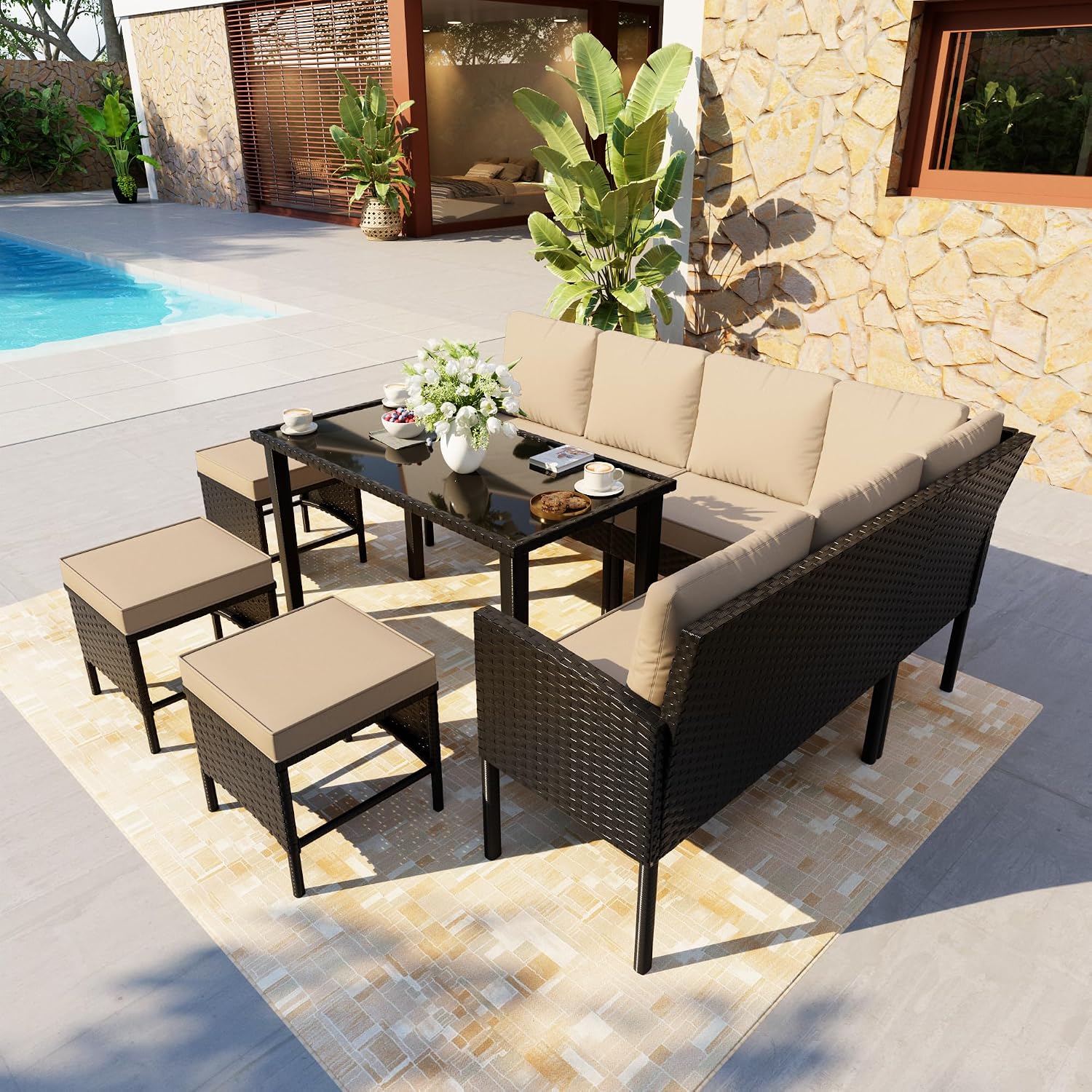 7 Pieces Patio Conversation Set, Outdoor Furniture Sectional with Throw Pillows and Anti-Slip Cushions, PE Rattan Sofa Set with Dining Table & Ottomans, Khaki