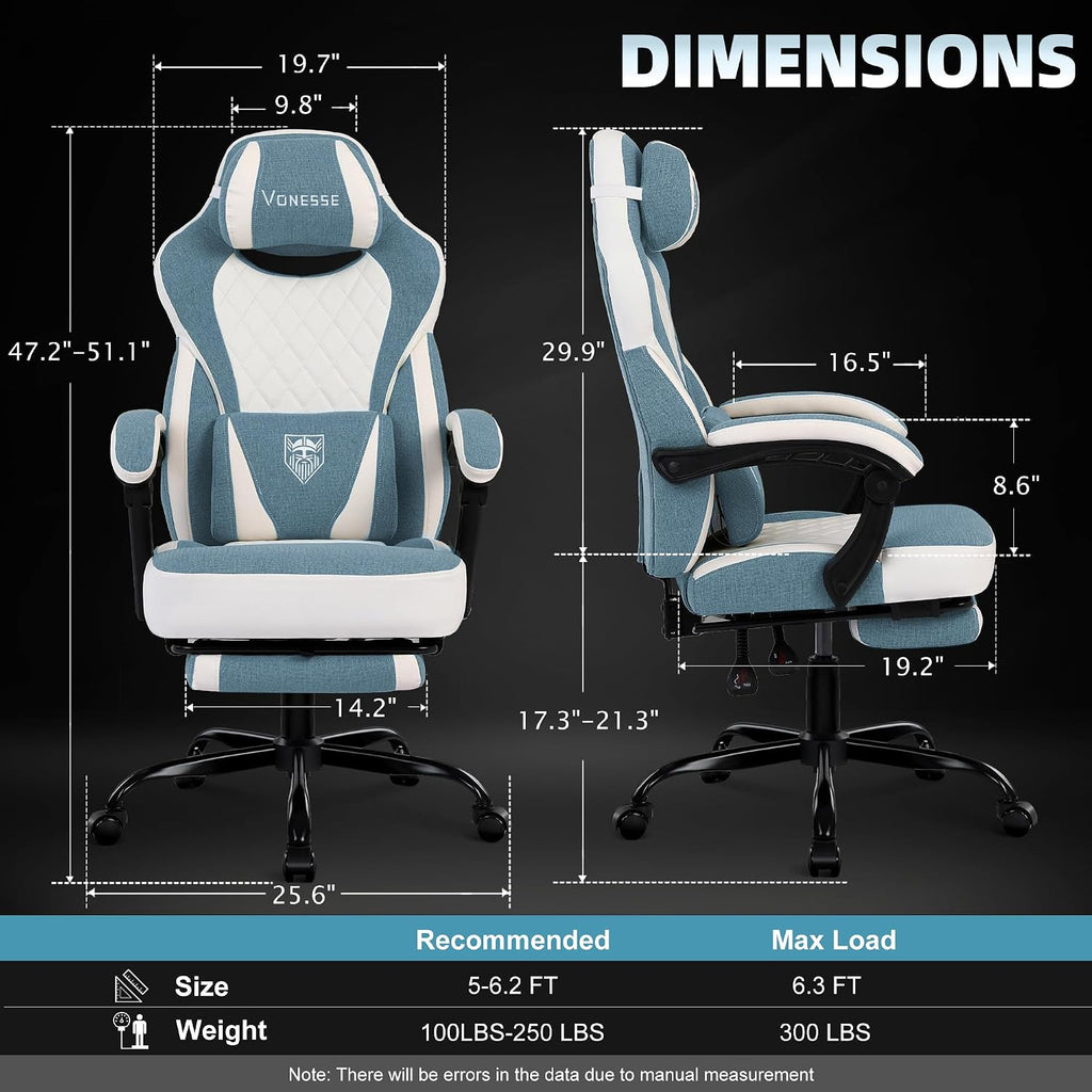 Vonesse Gaming Chair, Reclining Fabric Gaming Chairs for Adults 250LBS, Office Chair with Pocket Spring Cushion, Computer Chair with Footrest and Massage Lumbar Support (Blue)