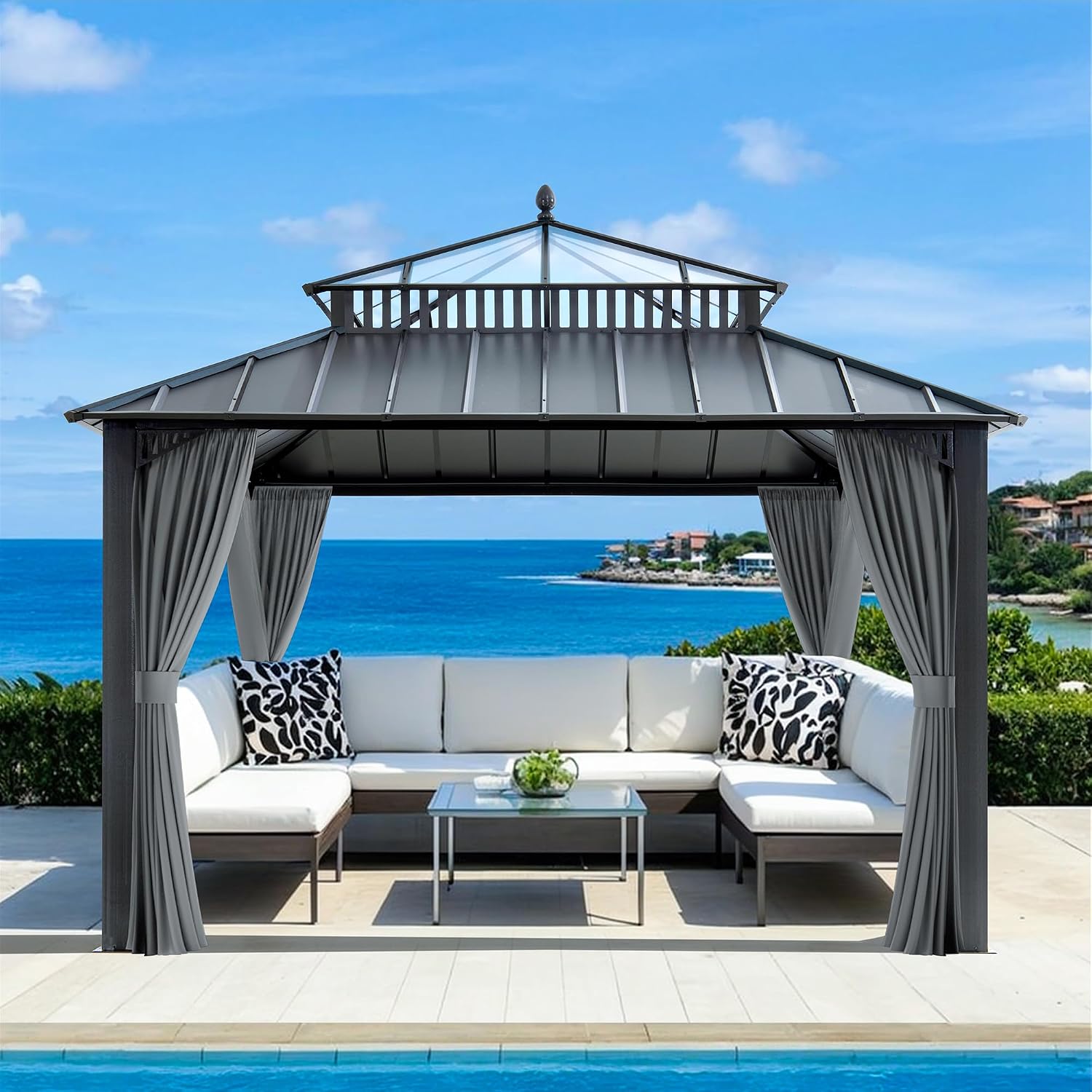 SUNJOY Kingston 12' x 12' Hardtop Gazebo with Galvanized Steel/Polycarbonate Double Roof, Curtain and Netting, Gray Aluminum Posts Permanent Pavilion Gazebo for Garden, Patio, Deck, Lawn